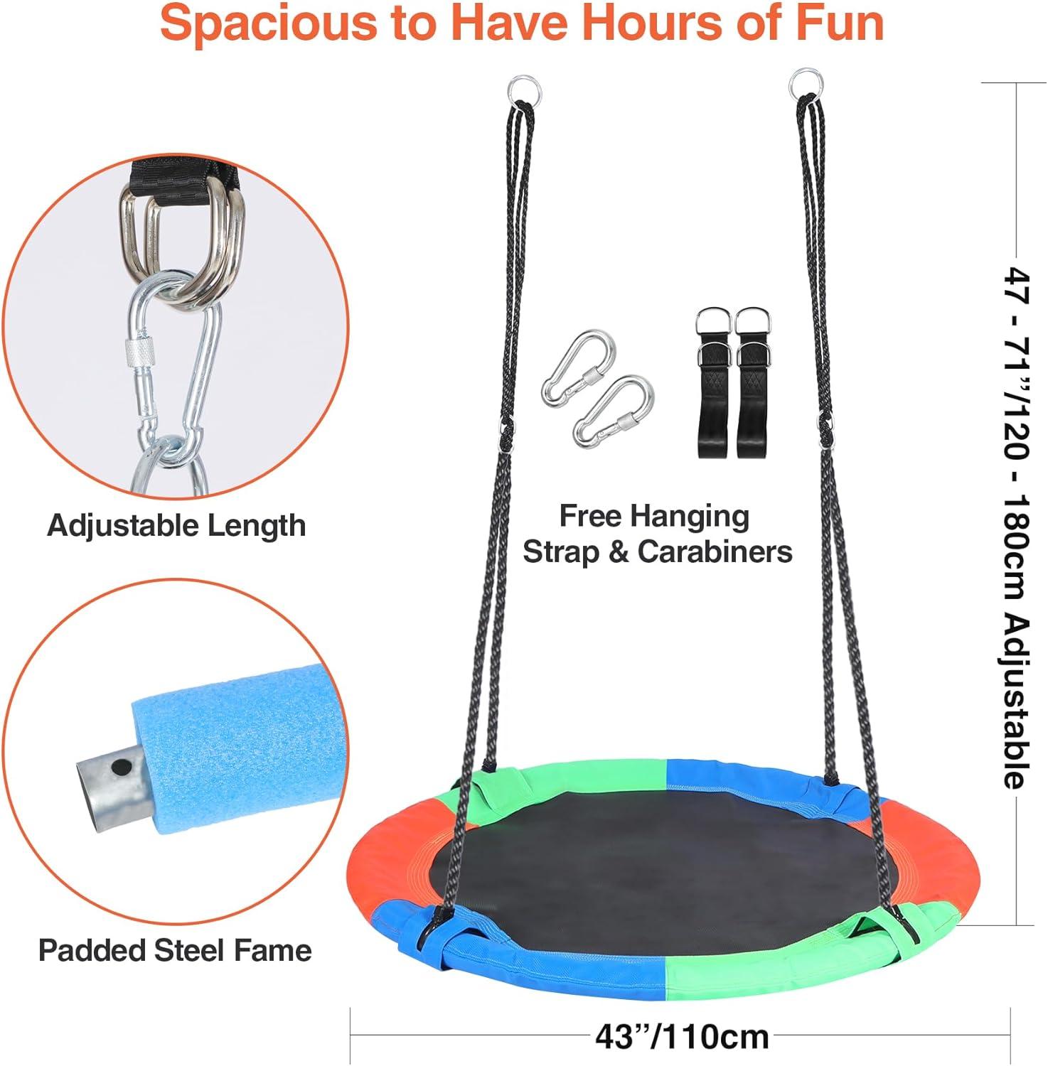43" Saucer Tree Swing for Kids Adult, 600Lb Weight Capacity Large Disc Round Swing for Kids, Tree Swings for Backyard, for Indoor and Outdoor Playground, Multicolor, for Kids