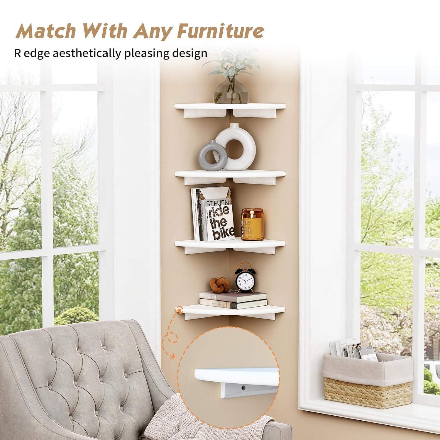 Latitude Run® White Corner Floating Shelves For Wall Set Of 4, Rounded Corner Shelves Wall Mounted,Small Spaces