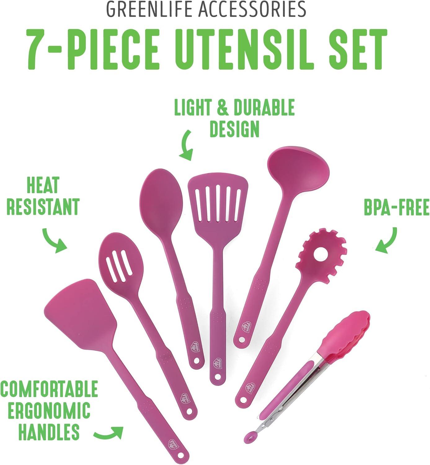 GreenLife Cooking Tools and Utensils, 7 Piece Nylon Set including Spatulas Turner Spoons and Tongs, Dishwasher Safe, Bright Pink