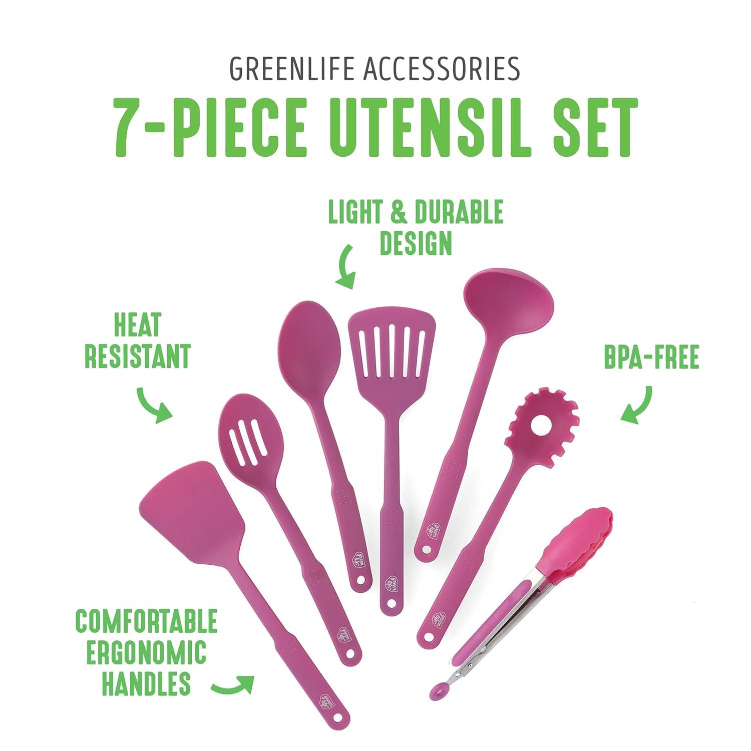 GreenLife Cooking Tools and Utensils, 7 Piece Nylon Set including Spatulas Turner Spoons and Tongs, Dishwasher Safe, Bright Pink