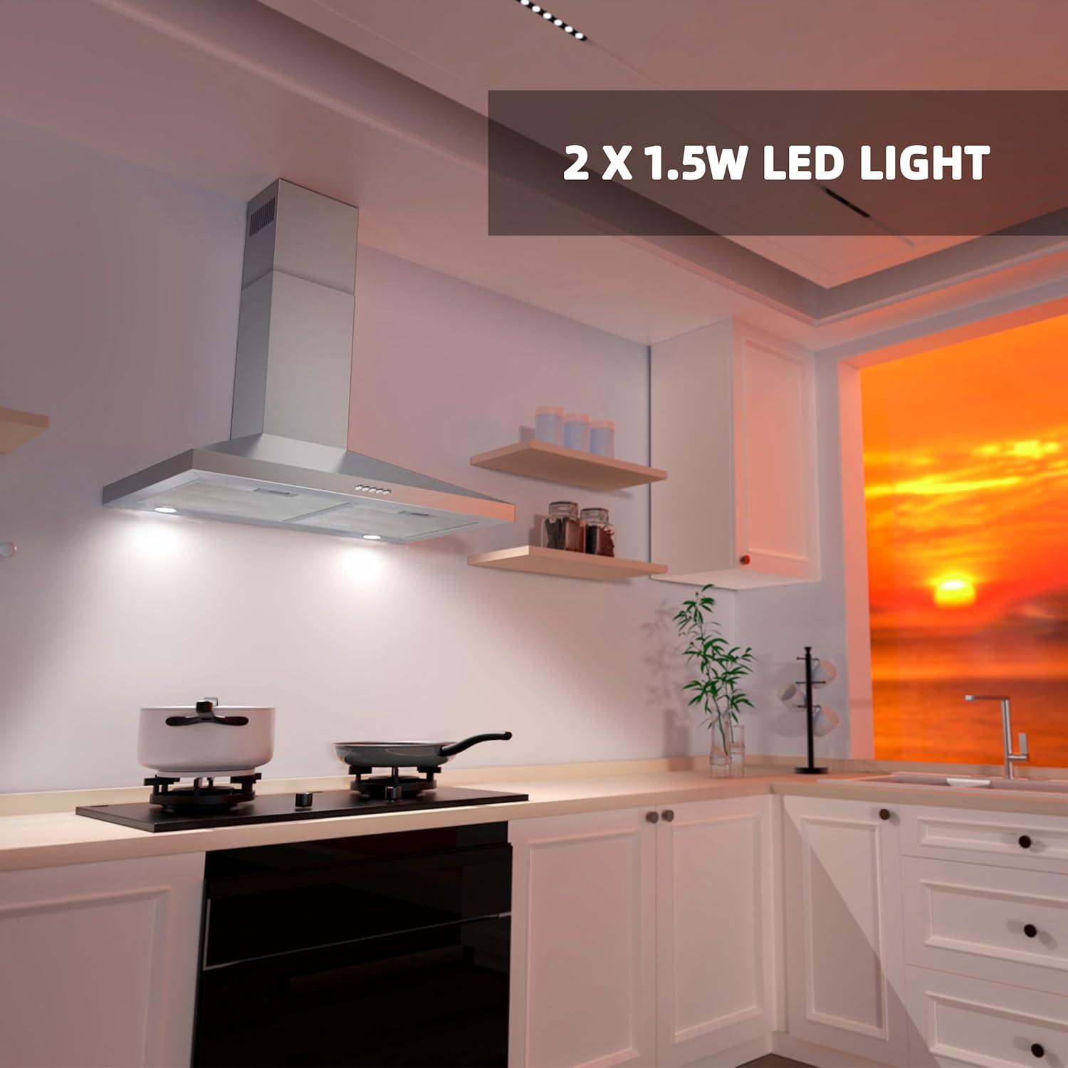 FIREGAS Range Hood 30 inch Wall Mount Type with Ducted/Ductless Convertible, 450 CFM Stainless Steel Chimney-Style Kitchen Hood, Over Stove Vent Hood with 3 Speed Fan, LED Light, Charcoal Filters