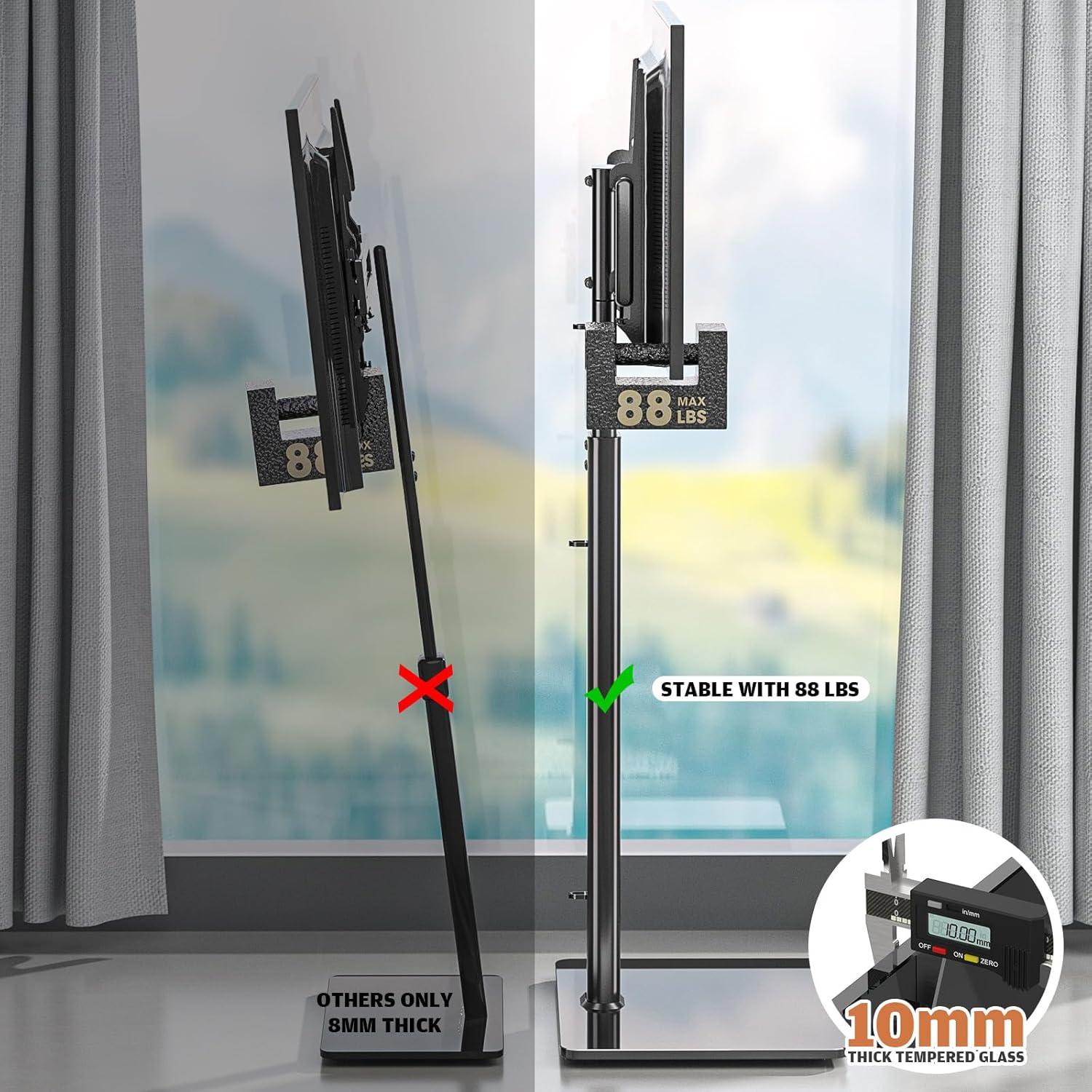 Hemudu Universal Floor TV Stand with Swivel Bracket and 2 Shelves, Black