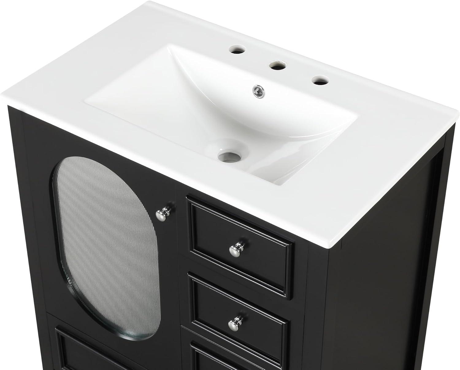 Black 30" Freestanding Bathroom Vanity with Ceramic Sink and Glass Door