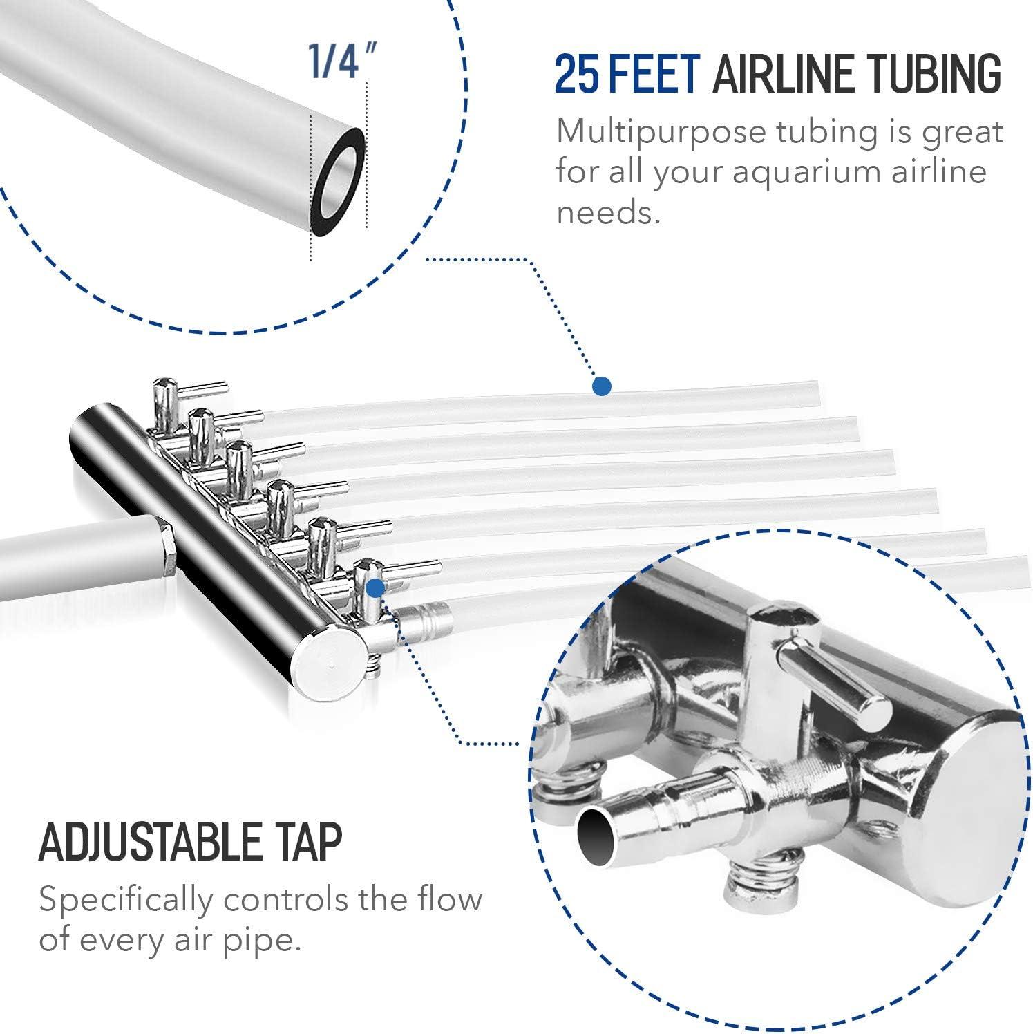 Simple Deluxe Commercial 6 Outlet Air Pump with Airline Tubing, 25 Feet, Silver