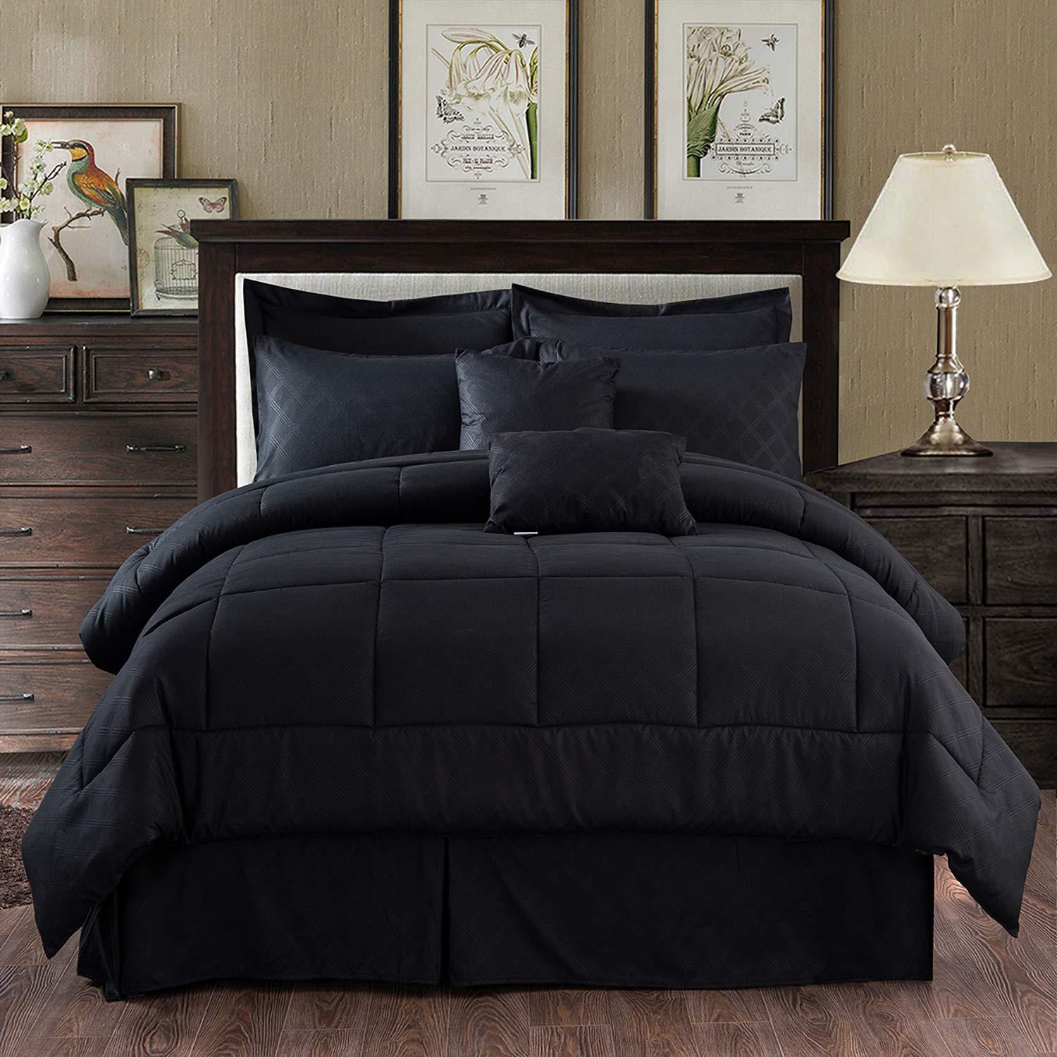 JML Black Queen Comforter Set - 10 Pieces Bedding Set Bed in a Bag with Comforters, Sheets, Bed Skirt, Decorative Pillows, Pillowcases & Shams