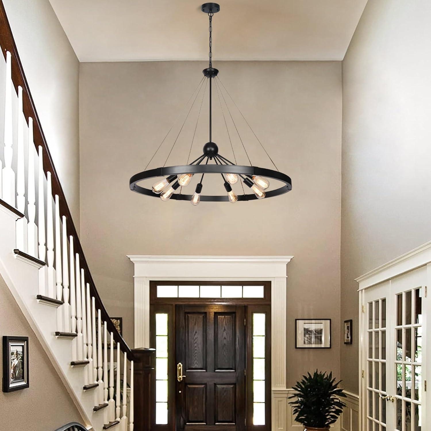 8-Light Farmhouse Black Wagon Wheel Chandelier with Adjustable Chain for Study Dining Room Kitchen