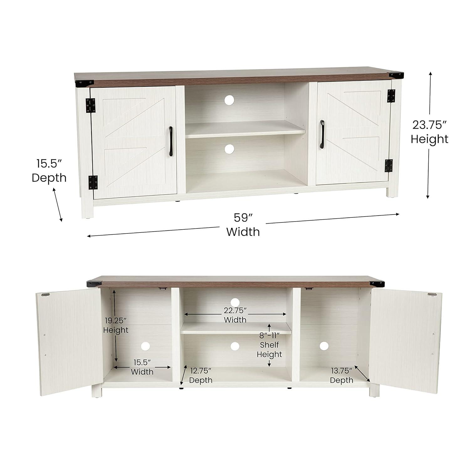 Emma + Oliver Barn Door Style TV Stand for up to 65" TV's - White Wash with Walnut Top Entertainment Center - 59" Media Console with Adjustable Middle Shelf