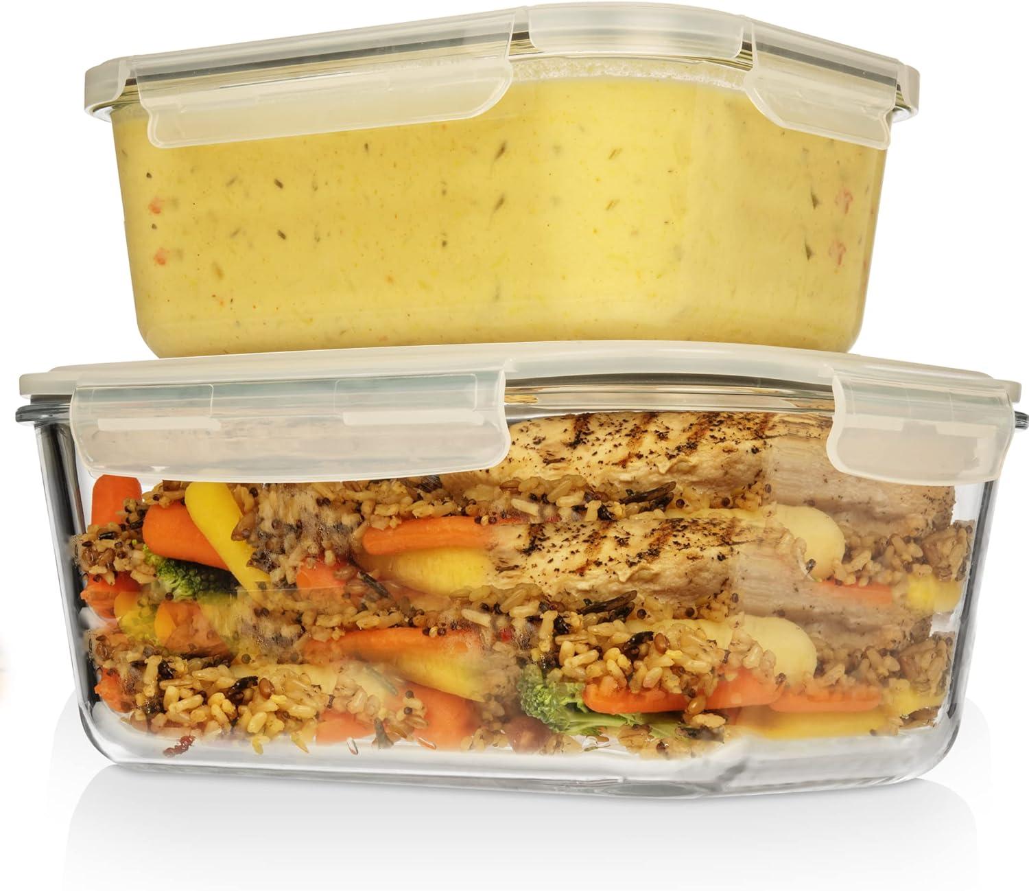 Large Glass Food Storage Containers 4 Pc (2700ML/ 91 Oz & 1520ML/ 51 Oz) Airtight Glass Storage Containers, Leak Proof BPA Free Food Storage Containers Glass (2 Lids 2 Containers) Oven to Freezer Safe