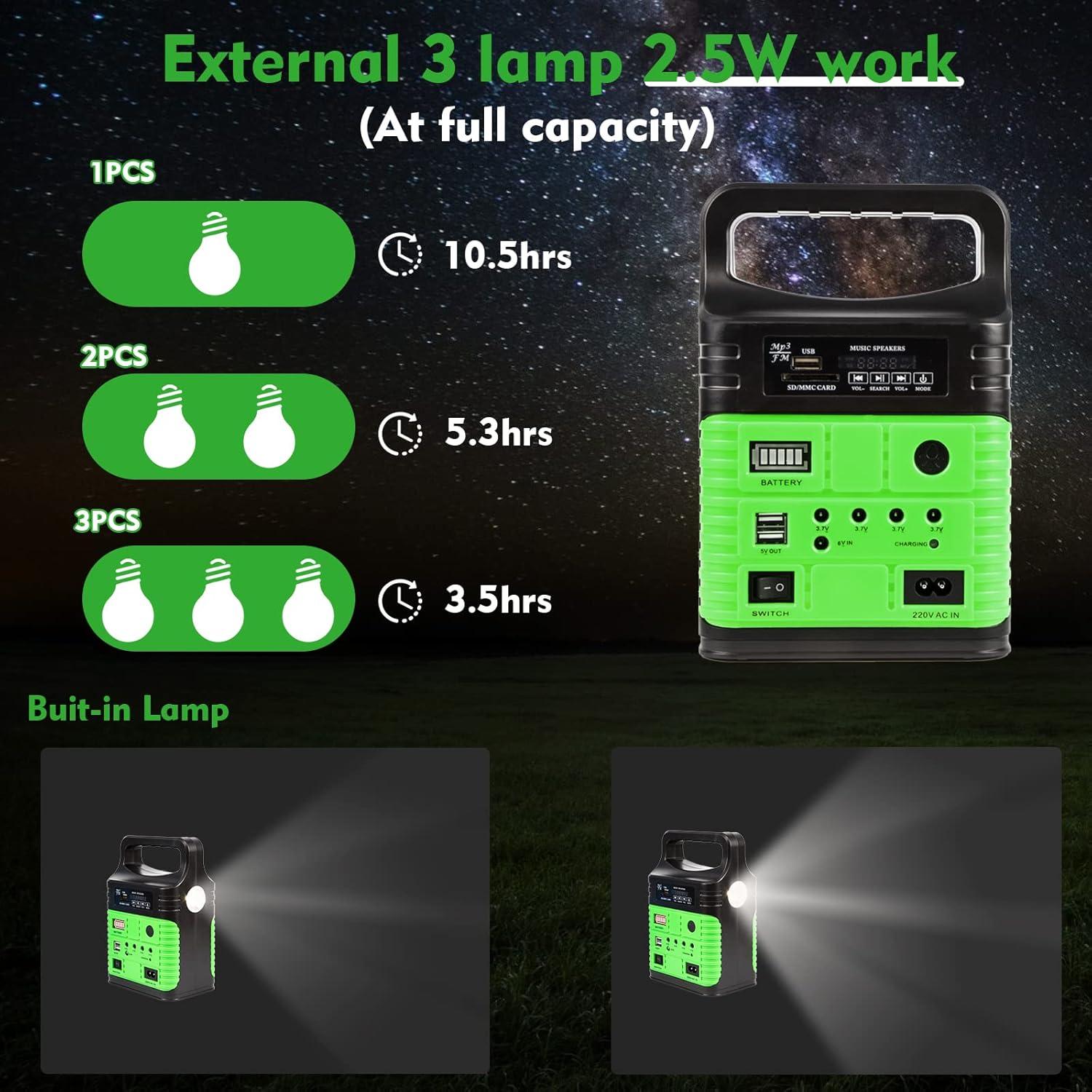 Green Portable Solar Power Station with LED Lights and USB Outlets