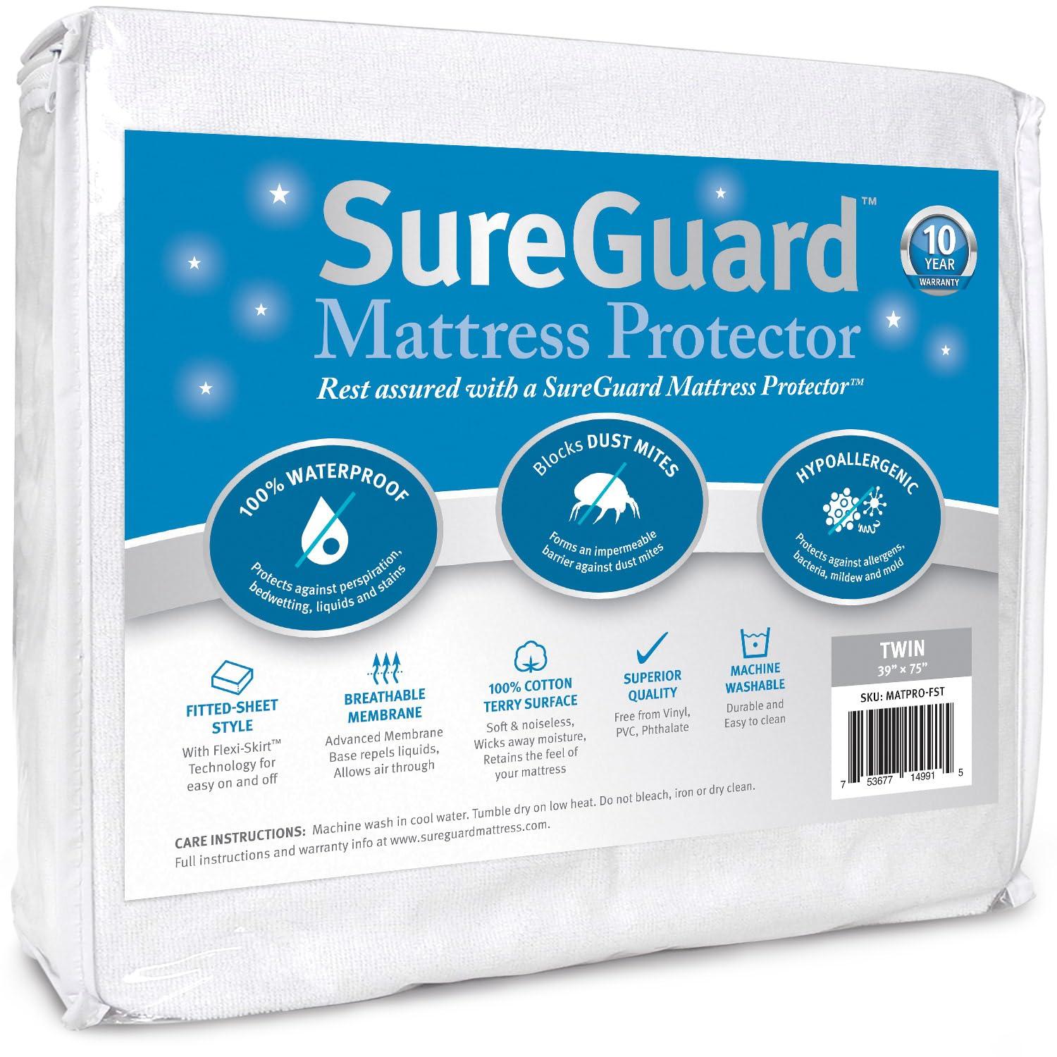 SureGuard Twin Size Waterproof Hypoallergenic Cotton Mattress Protector