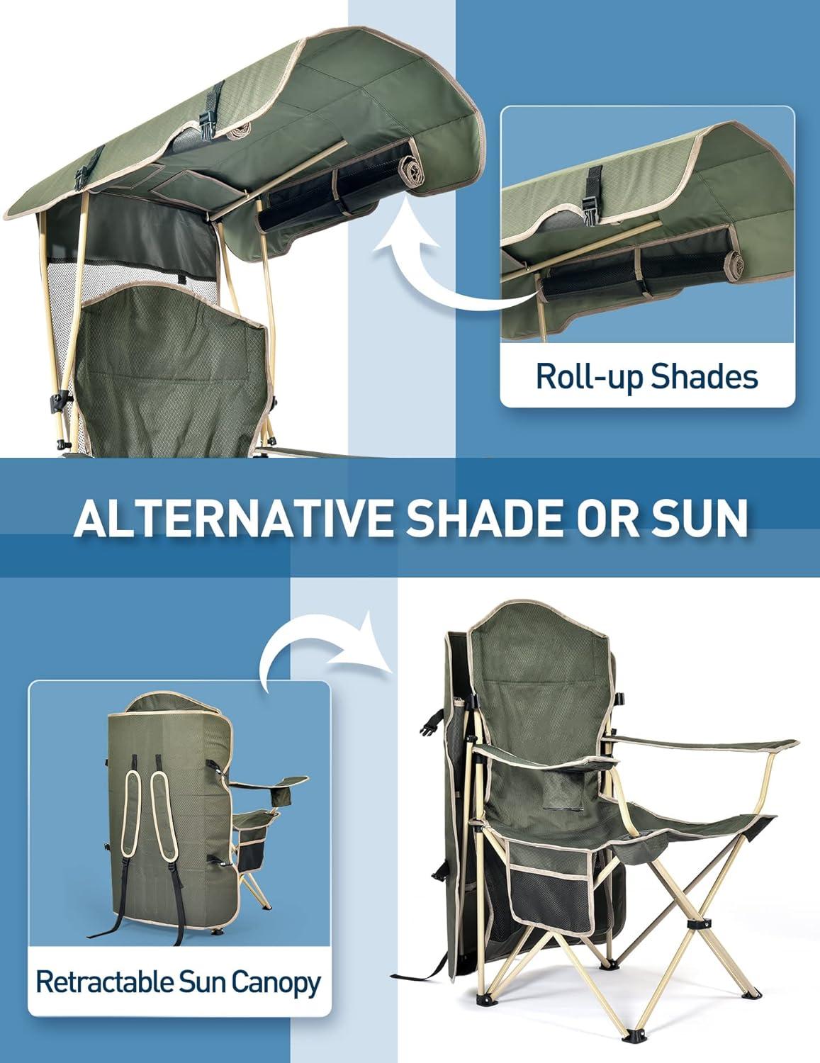 Folding Camping Chair with Shade Canopy for Adults, Canopy Chair for Outdoors Sports with Cup Holder, Side Pocket for Camp, Beach, Tailgates, Fishing