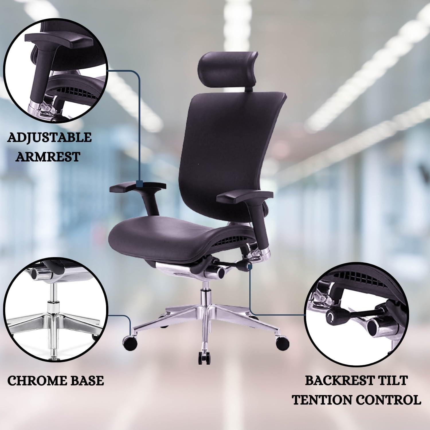 GM Seating Dreem III Leather Series Executive Hi Swivel Chair Chrome Base with Headrest, Genuine Black Leather