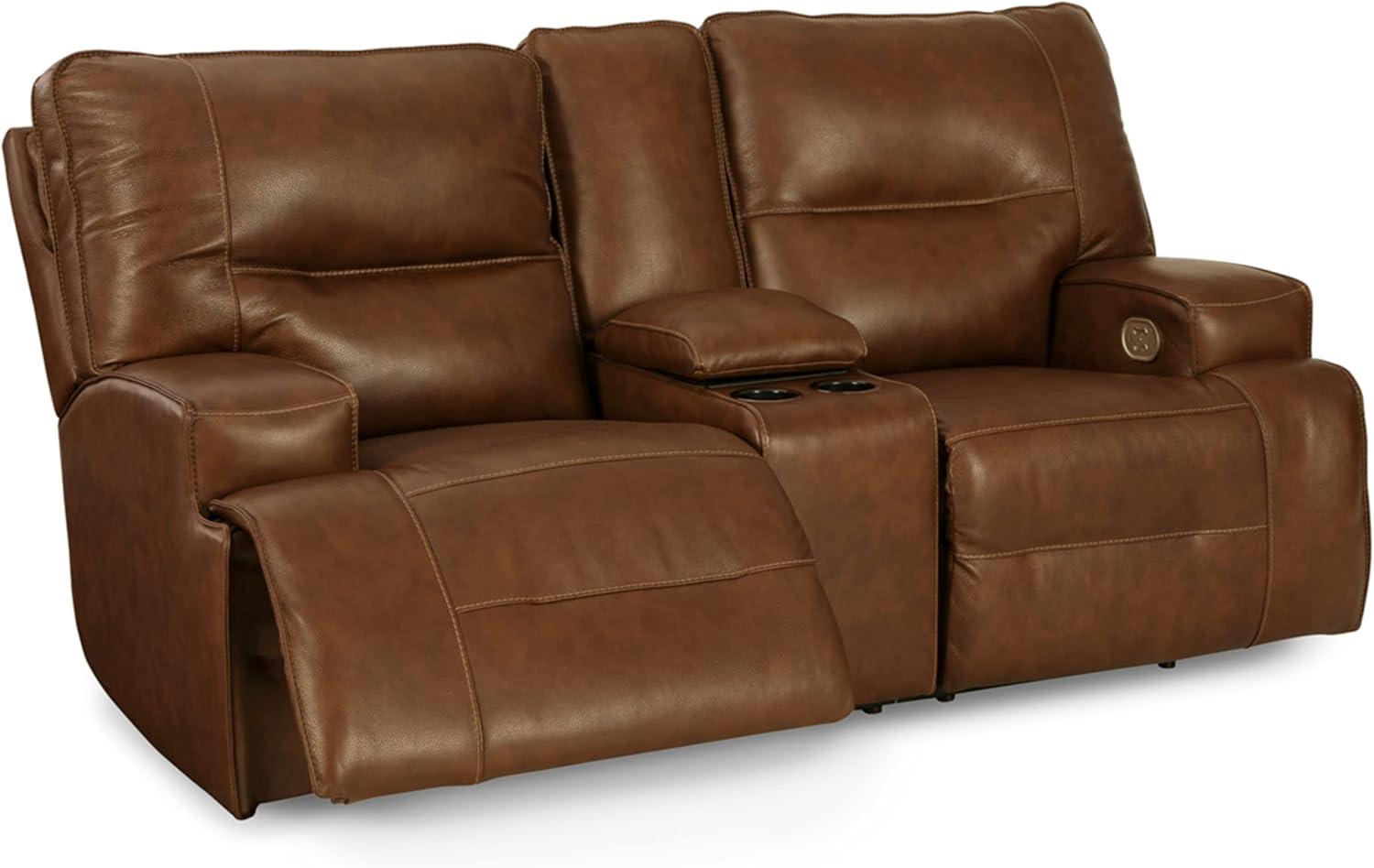 Brown Faux Leather Power Reclining Sectional with Cup Holder