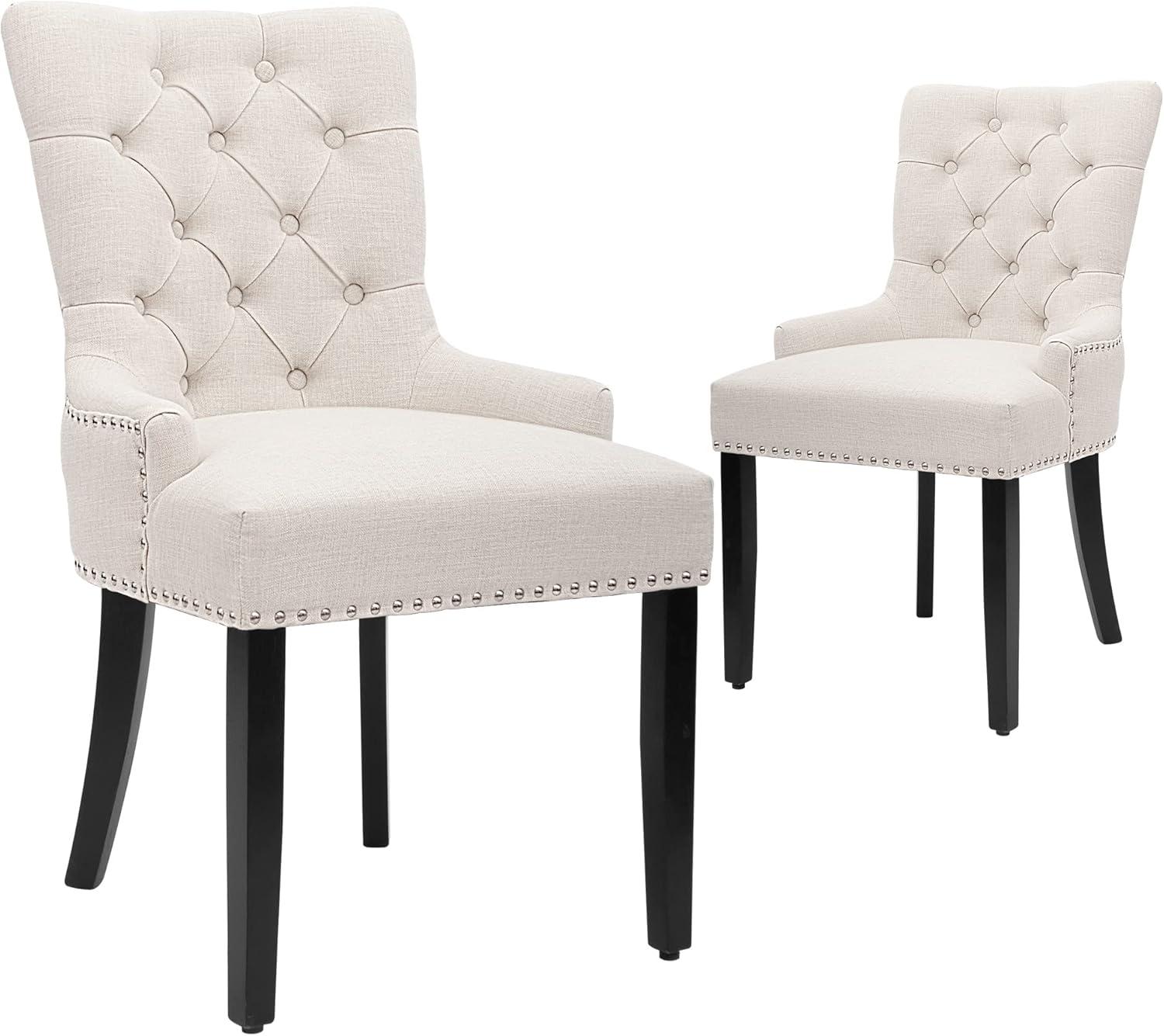 Beige Button-Tufted Upholstered Side Chair with Nailhead Trim