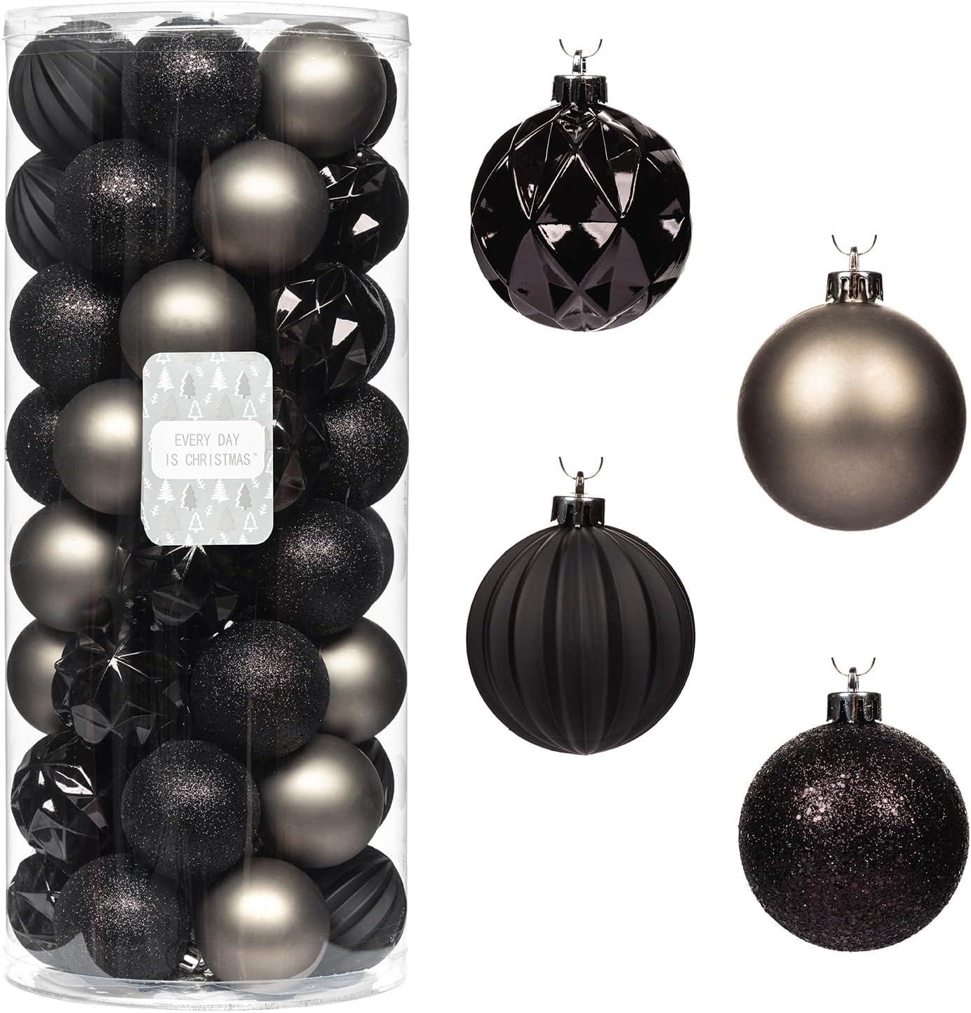 Black and Grey Shatterproof Plastic Christmas Ornament Set, 50 Count