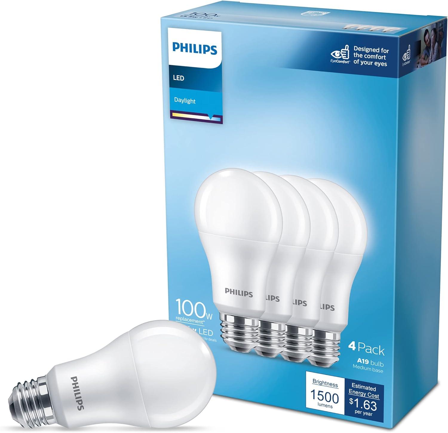 Philips 100W Equivalent Frosted White LED A19 Bulbs, 4-Pack