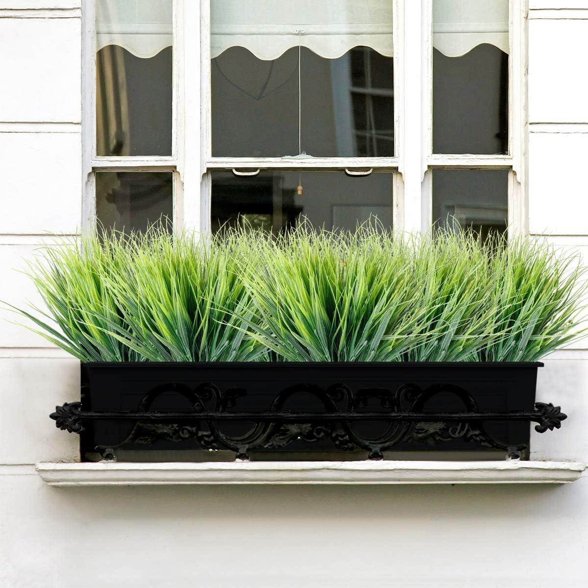 Sinhoon 12 Bundles Artificial Grasses Outdoor UV Resistant Fake Grass No Fade Faux Plastic Plants Garden Window Box Decorating(Green Grass)