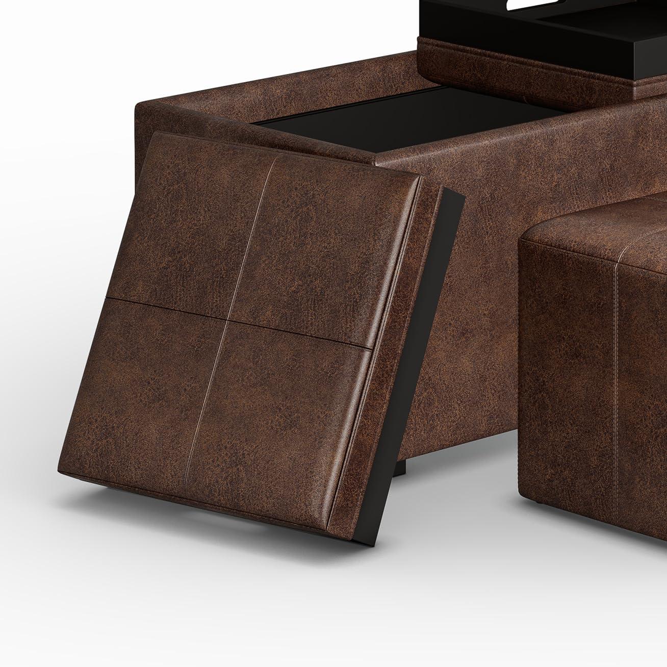 Simpli Home Avalon 35"W Upholstered Storage Ottoman Set with 5 Pieces and Flip-Over Serving Tray Lids
