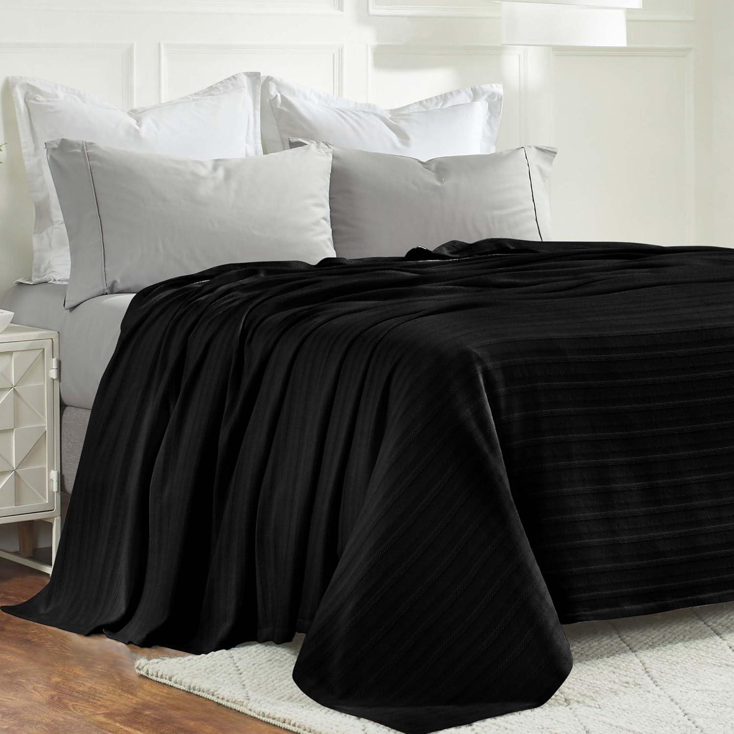 Superior Clara Cotton Striped Woven Blanket, Throw, Black