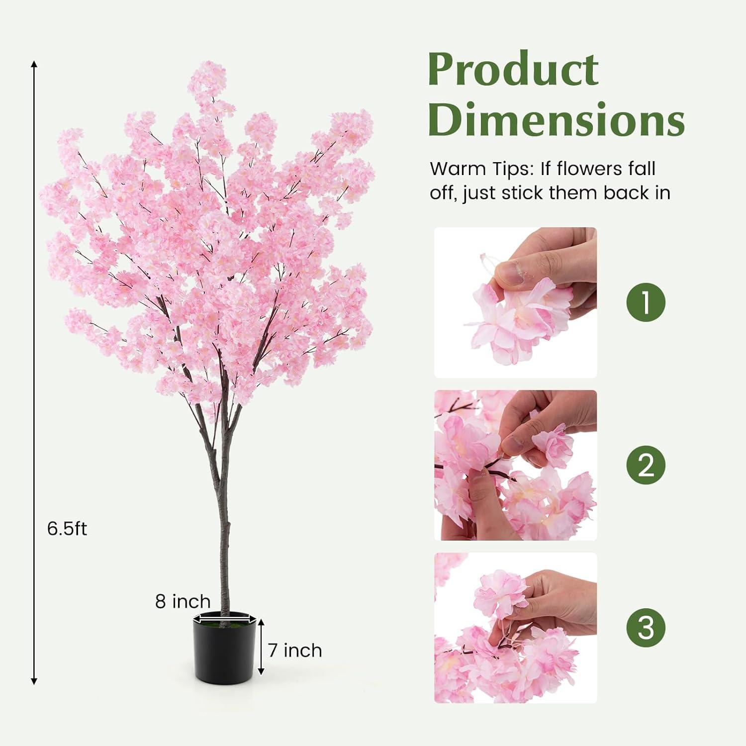 Spaco 6.5 FT Tall Artificial Cherry Blossom Tree with 1170 Pink Flowers, Artificial Cherry Blossom Tree with Stable Structure, Versatile Artificial Cherry Blossom Tree for Indoor and Outdoor, Pink