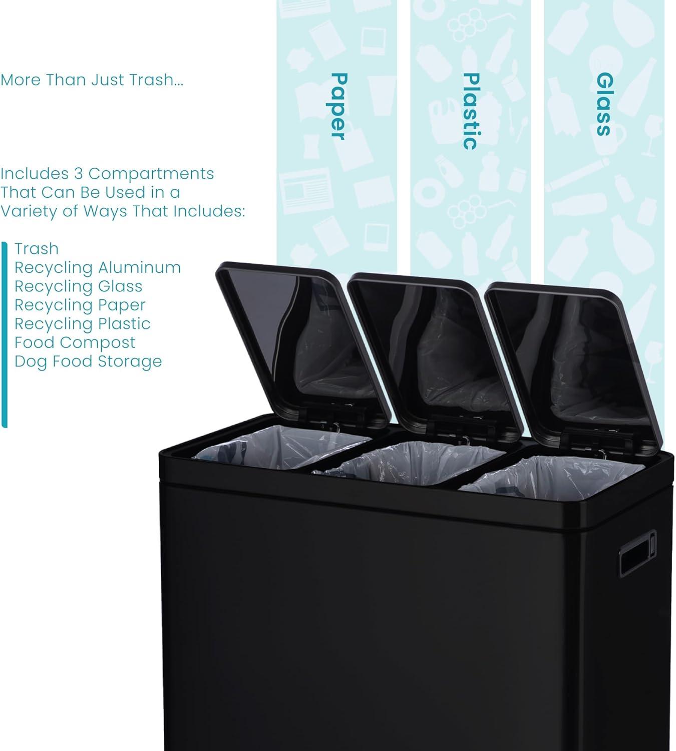 Black Stainless Steel 15.8 Gal. Step-On Kitchen Trash Can with Three Compartments
