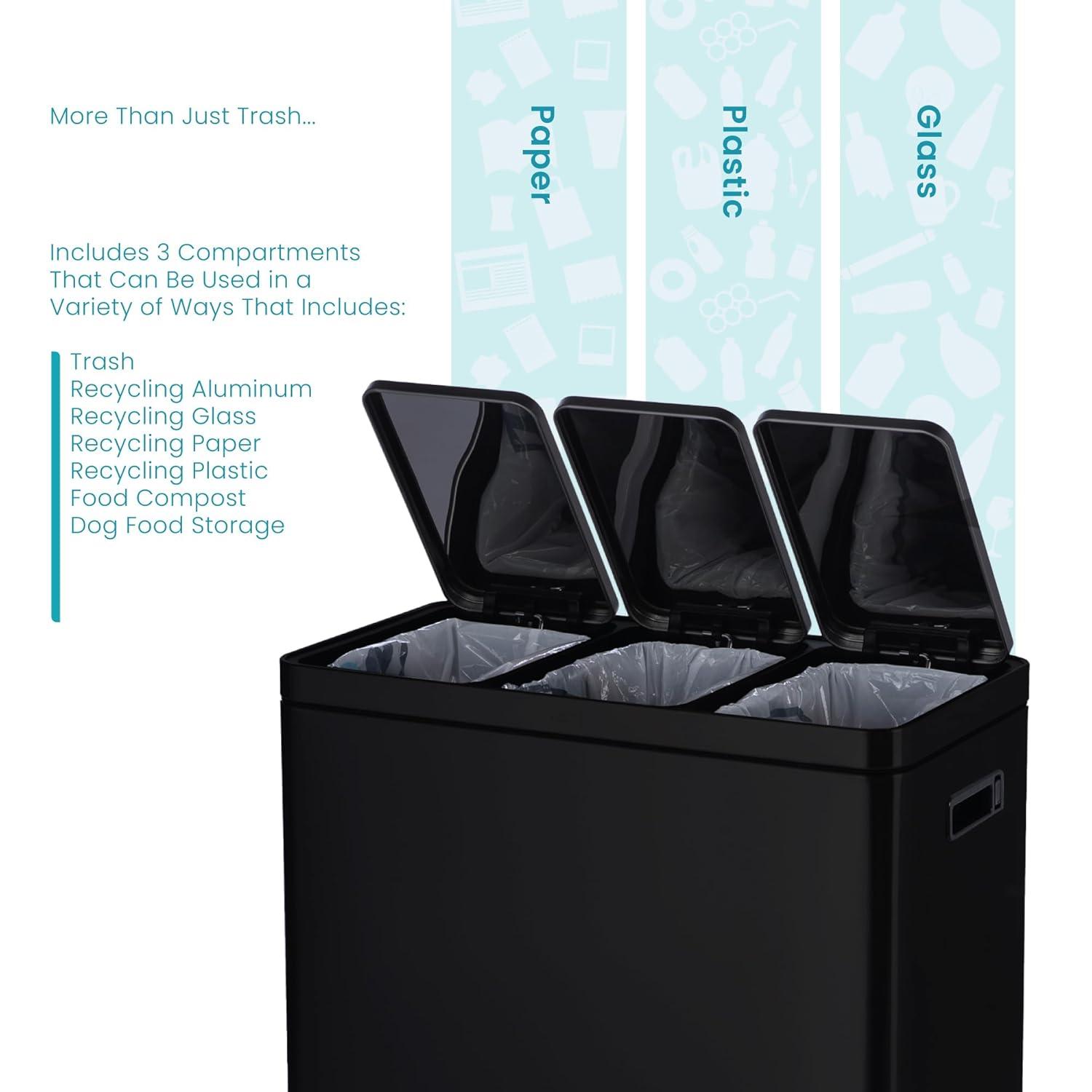 Black Stainless Steel 15.8 Gal. Step-On Kitchen Trash Can with Three Compartments