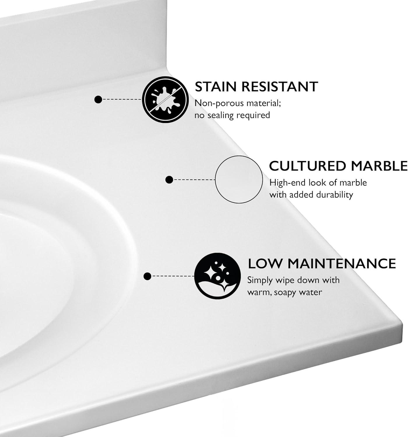 Cultured Marble Vanity Top – 37-Inch Single Bowl Sink Single Hole Mount with Integrated Backsplash – Reinforced Packaging – Solid White, Design House, 554618