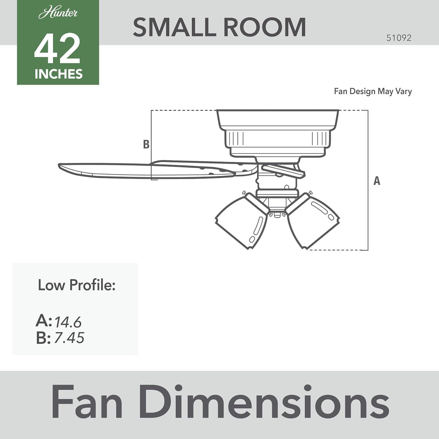 Hunter - Builder Indoor Low Profile Ceiling Fan With Light, 42-inch, Brushed Nickel, Traditional-style, 3-speed WhisperWind Motor, 51092, for living rooms, bedrooms, home offices, kitchens