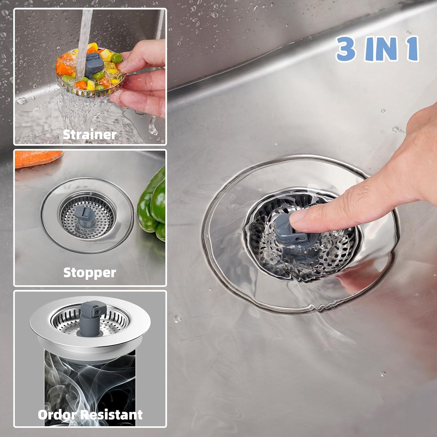 Hibbent 3-in-1 Kitchen Sink Drain Strainer  Stopper , Stainless Steel Pop-Up Design, Anti-Clogging Metal Basket with Handle, Compatible with US Standard 3-1/2" Drain