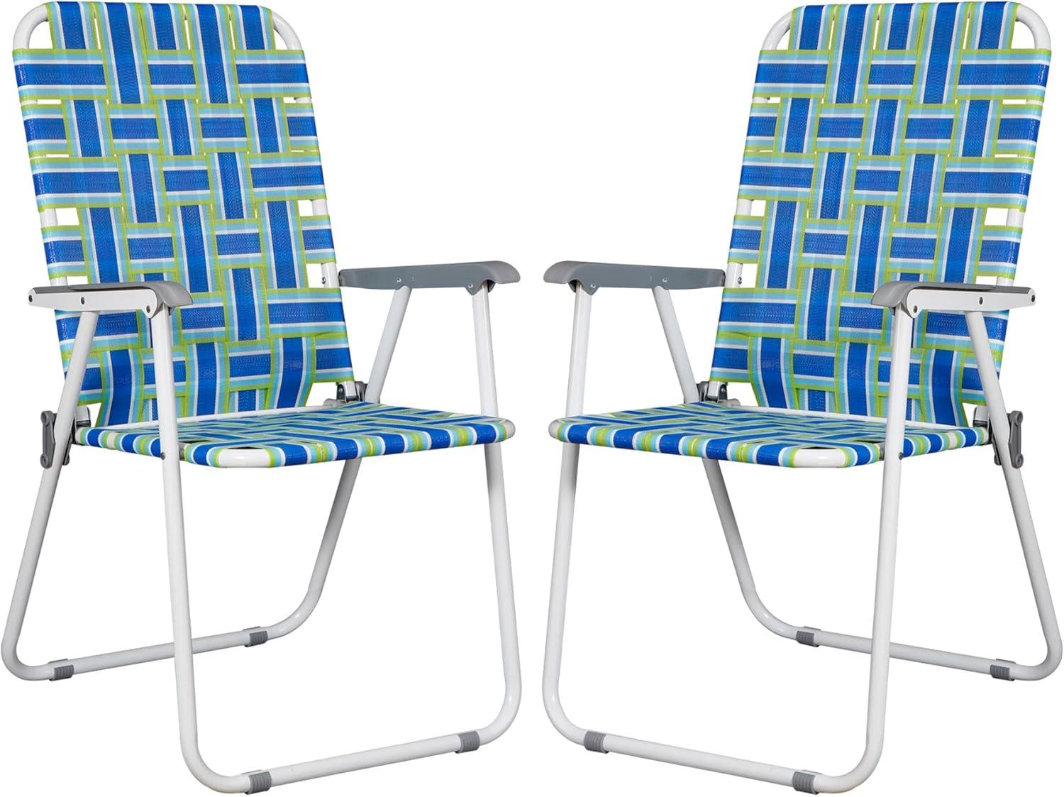 Set of 2 Blue Webbed Folding Camping Chairs with Arms