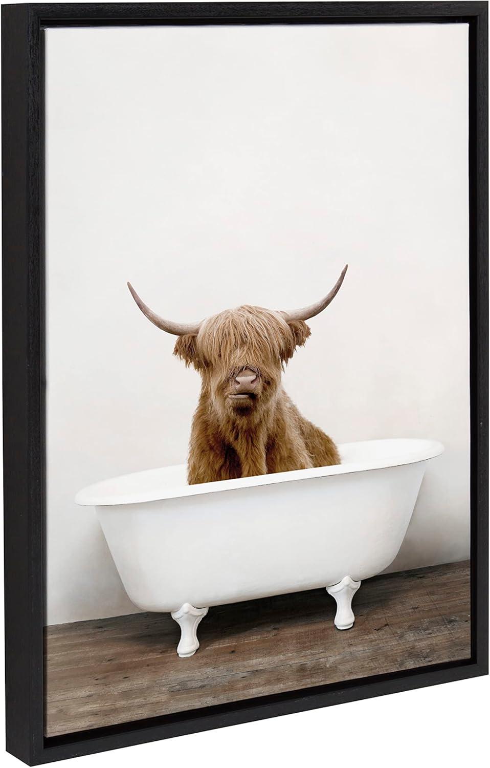 18" x 24" Sylvie Highland Cow in Tub Framed Canvas by Amy Peterson - Kate & Laurel All Things Decor: Wall Hanging Artwork