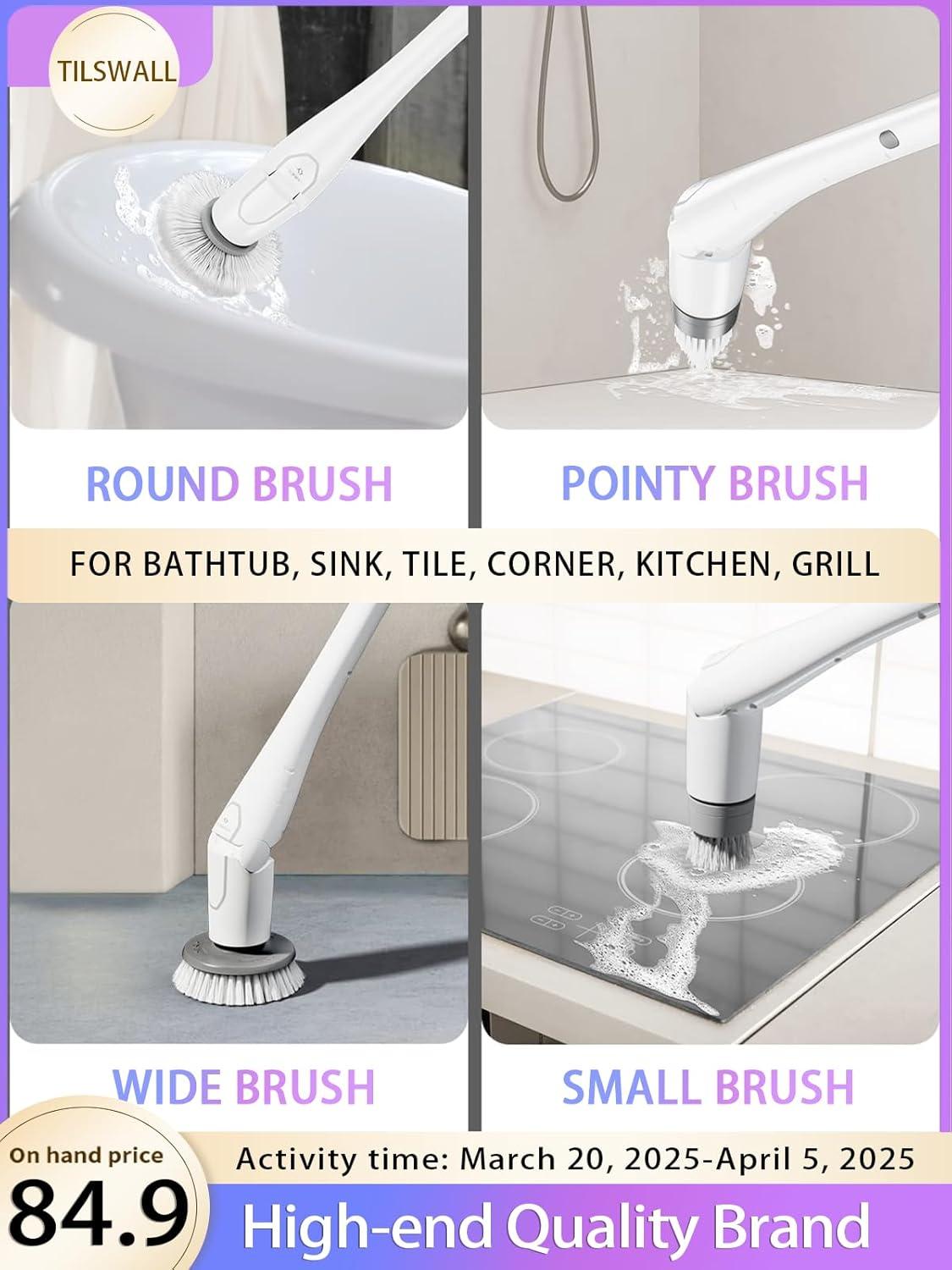 Tilswall Cordless Electric Spin Scrubber - IPX7 Waterproof Cleaning Brush with 180Min Runtime & 43" Extendable Handle, Ideal Gift for Home/Bathroom/Car (Includes 4 Brush Heads)