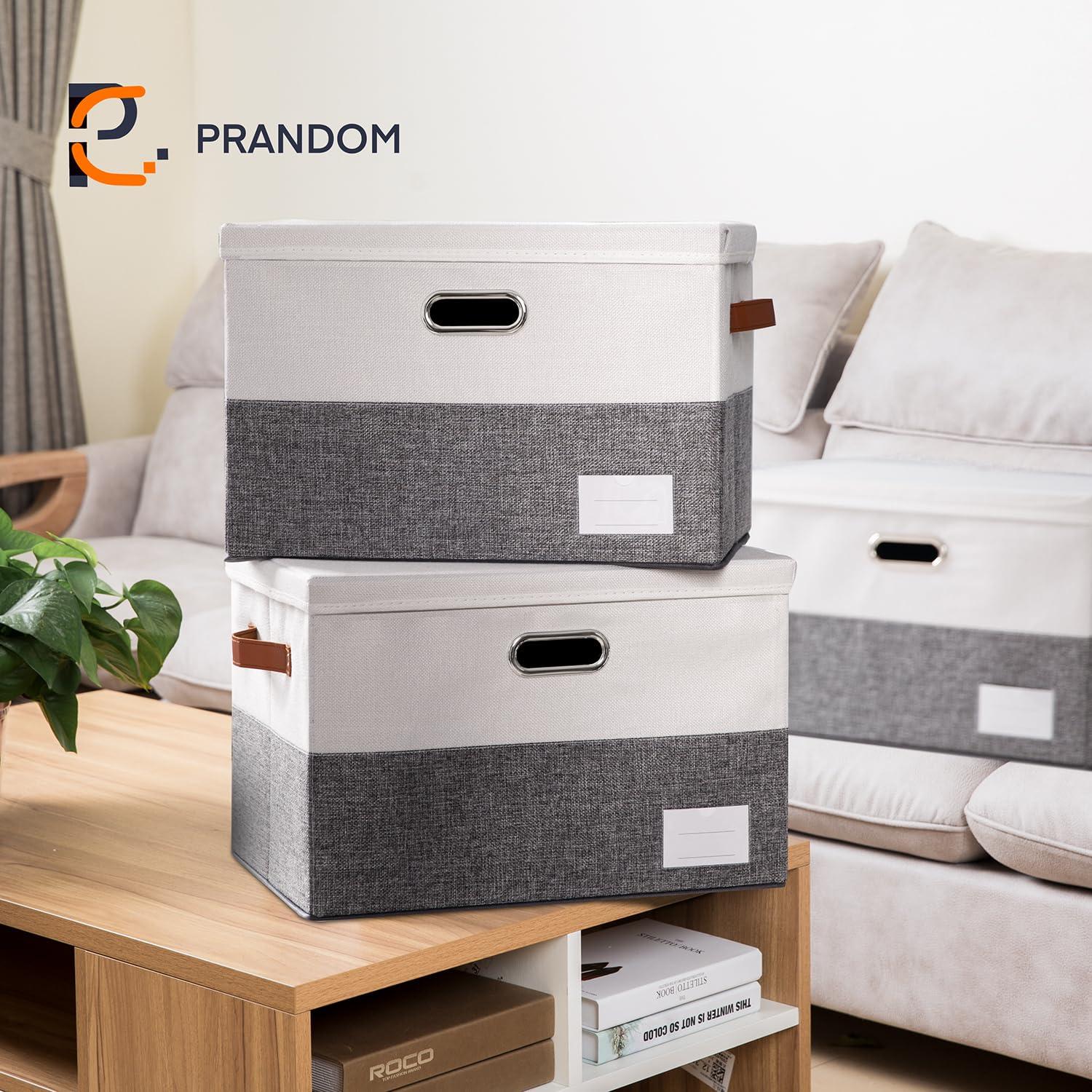 3 Pack Collapsible storage bins with lid. Foldable Storage bins for shelves, closet, office bedroom, or nursery. Containers made with linen fabric and stainless steel handles for organizing.