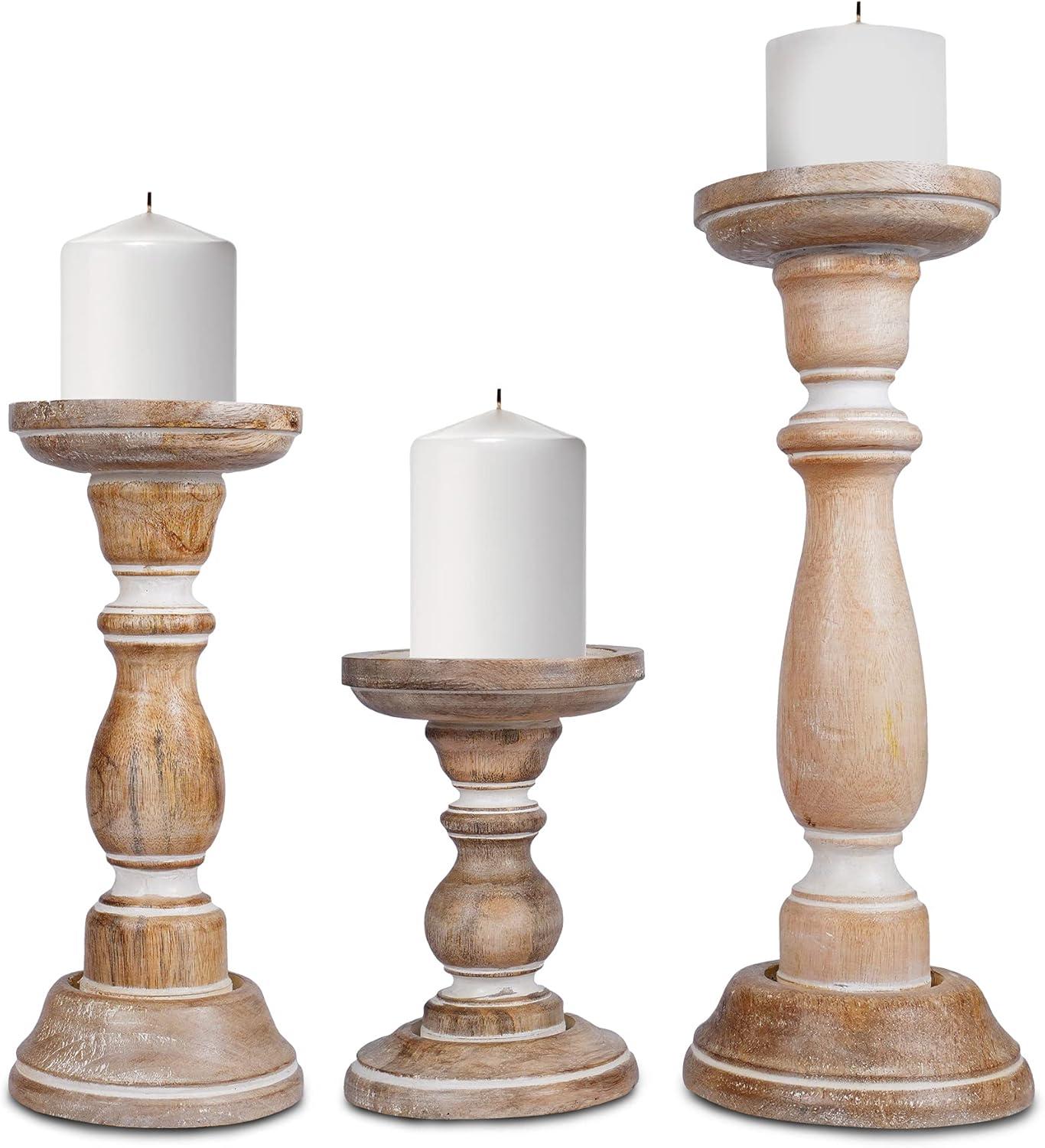 Mela Artisans White Wood Candle Holders, Table Centerpiece, Made from Mango Wood