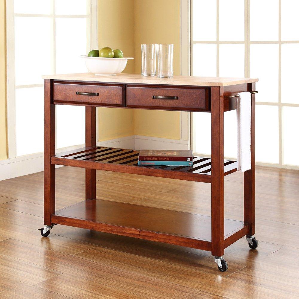 Natural Wood Top Kitchen Cart/Island with Optional Stool Storage - Black - Crosley: Solid Hardwood, Adjustable Shelf, Wheeled