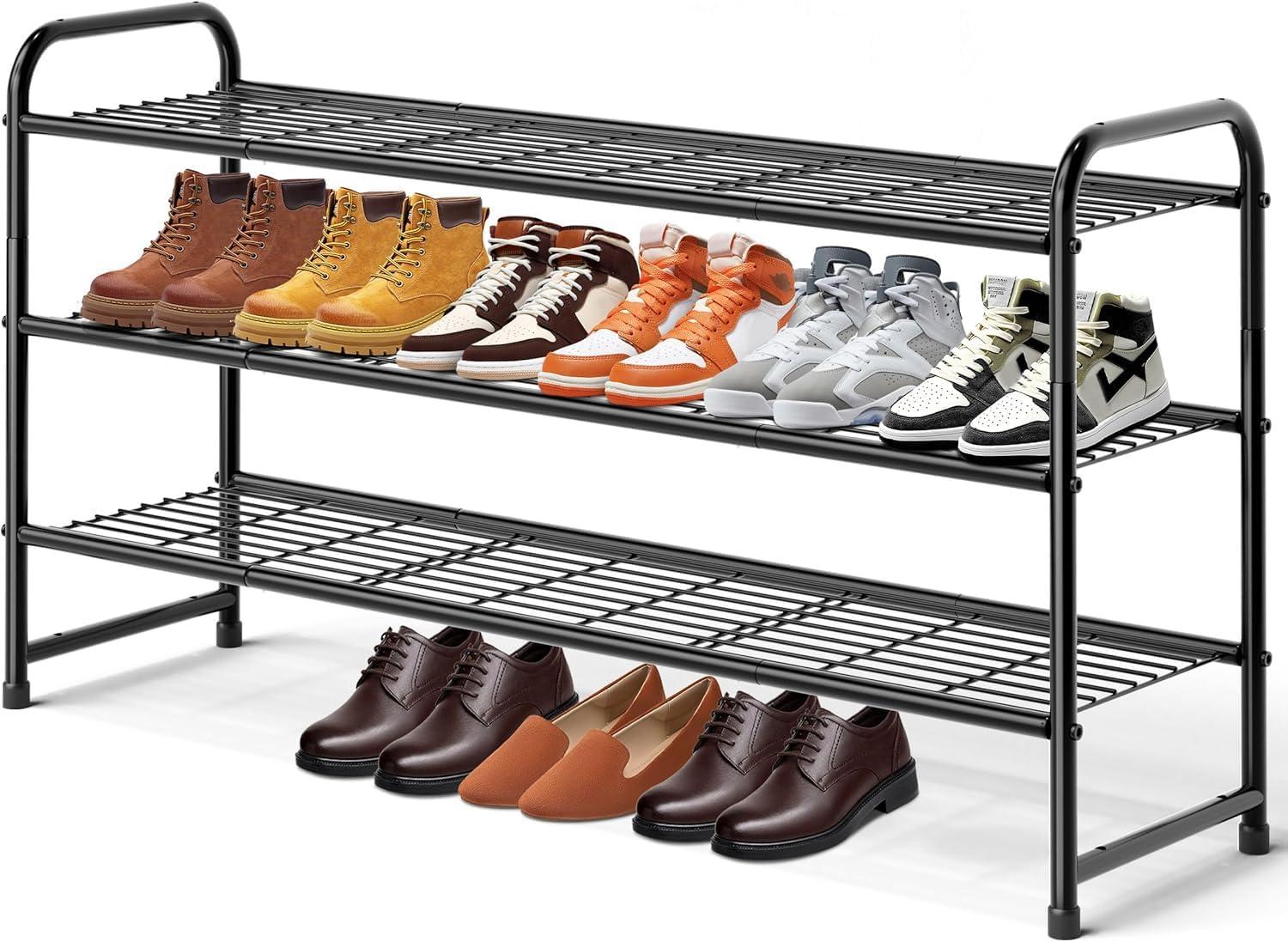 Black 3-Tier Stackable Metal Shoe Rack with Wire Grid