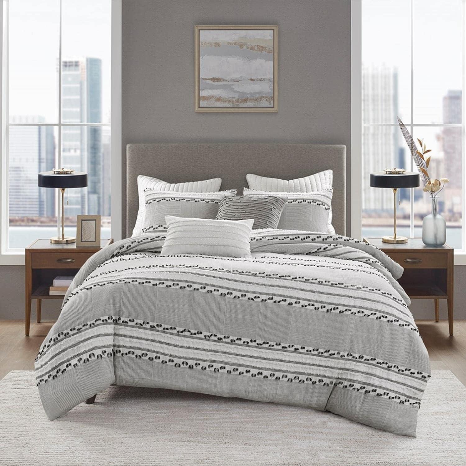 Full/QueenLennon Organic Cotton Jacquard Comforter Set Charcoal Gray: Farmhouse Style, OEKO-TEX Certified, 3-Piece Set