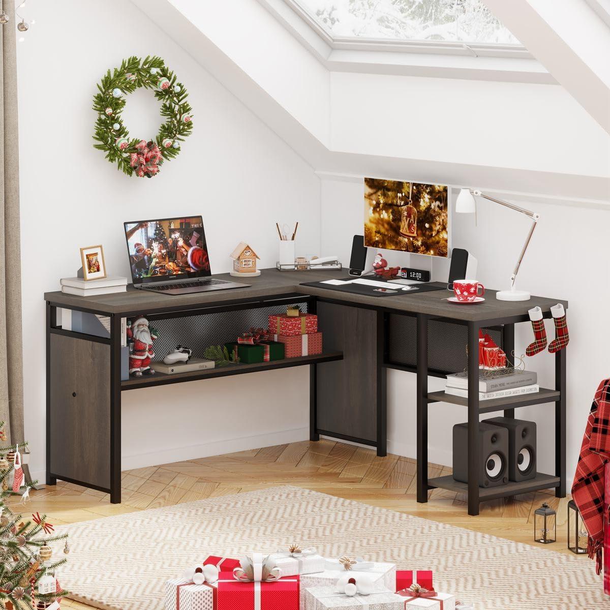 Walnut Brown L-Shaped Computer Desk with Shelves