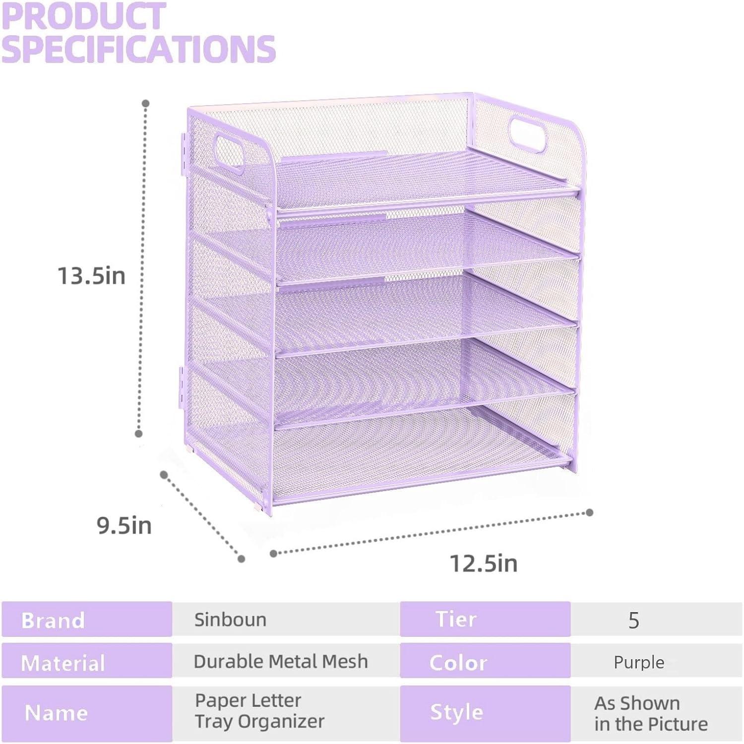 Marbrasse Paper Organizer Letter Tray, 5 Tier Mesh File Organizer with Handle, Paper Sorter Desk Organizer for Home Office Supplies - Purple