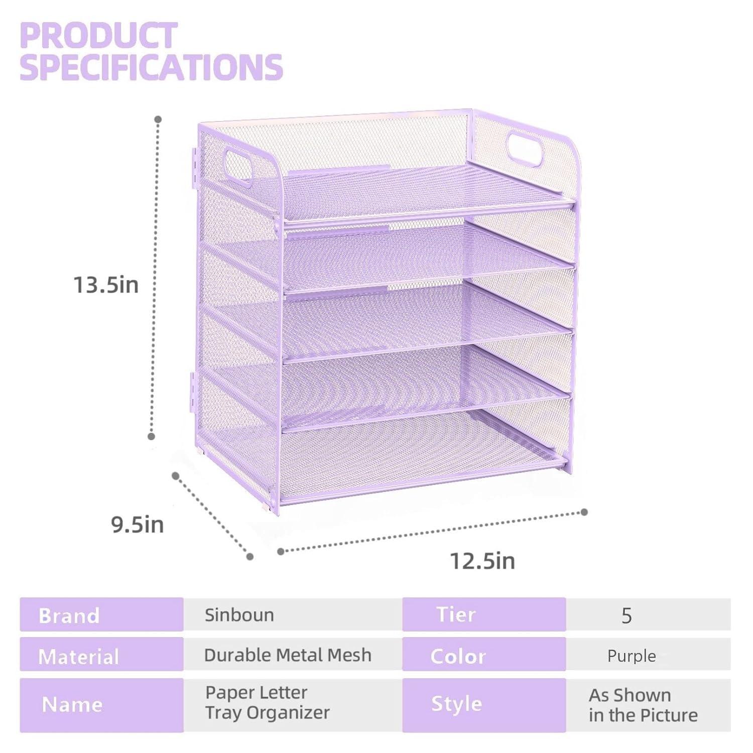 Marbrasse Paper Organizer Letter Tray, 5 Tier Mesh File Organizer with Handle, Paper Sorter Desk Organizer for Home Office Supplies - Purple