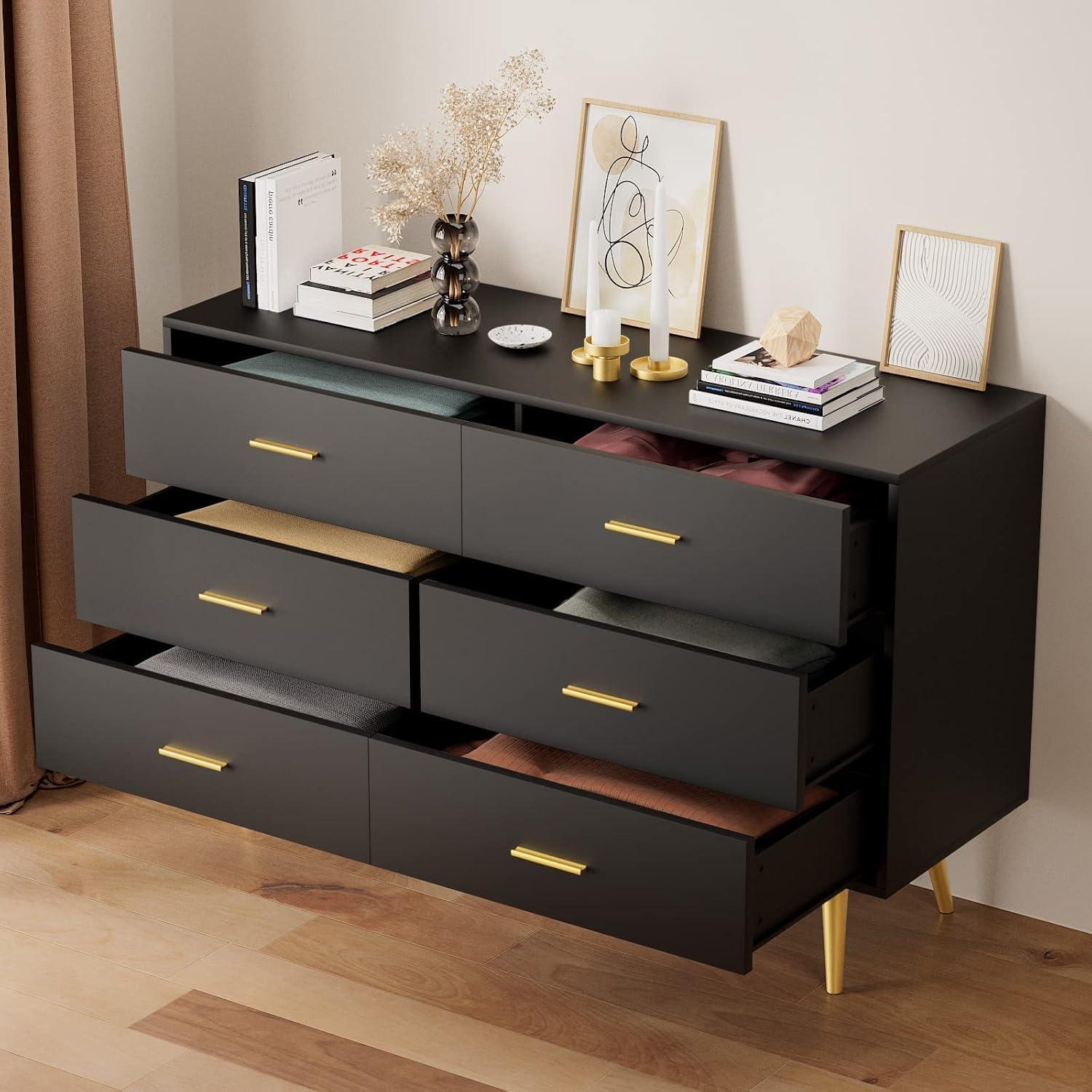 Black Modern 6-Drawer Dresser with Gold Handles