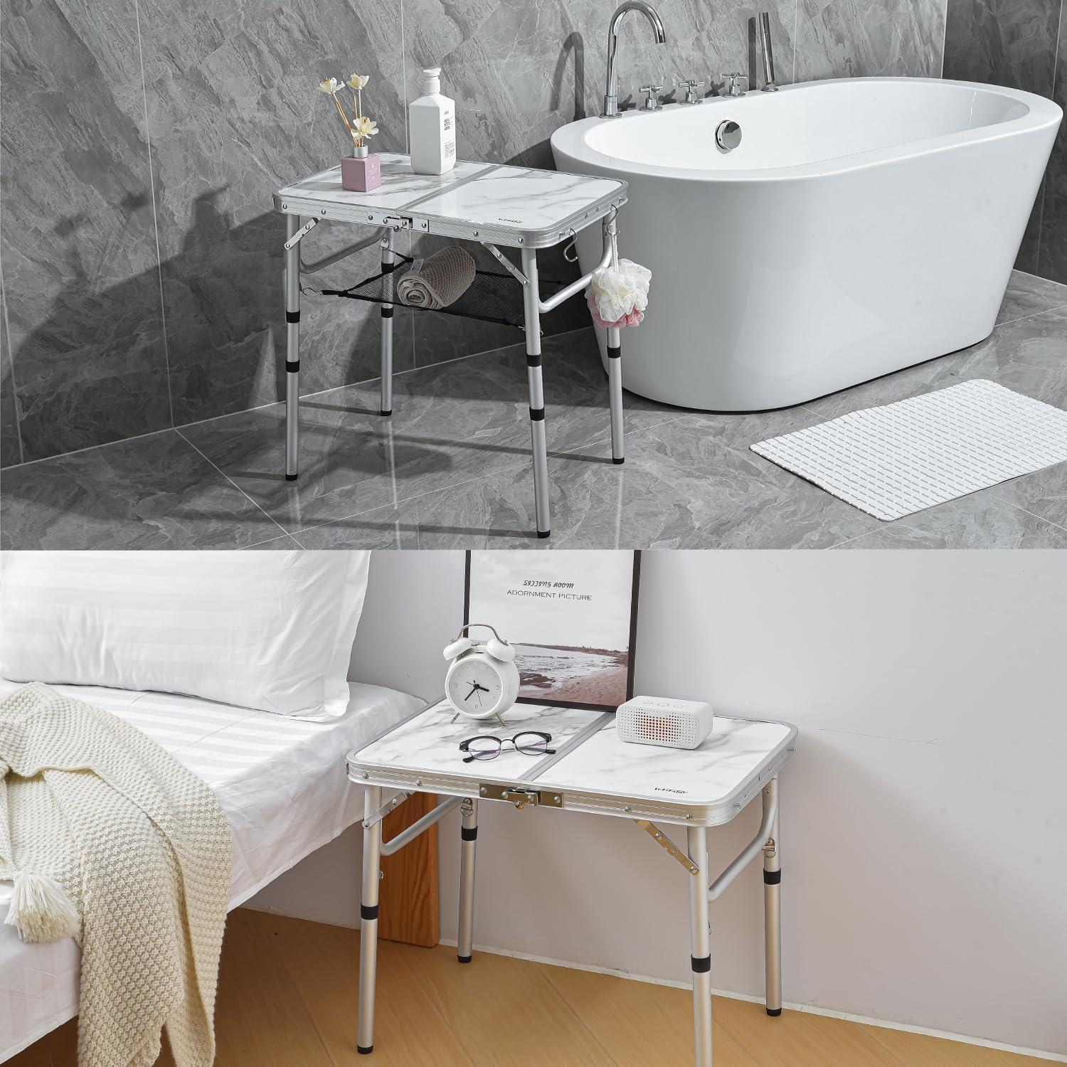 Small Folding Table with Mesh Layer, 3 Adjustable Heights Aluminum Lightweight Portable Folding Table with Extension Legs, Camping Table for RV, Picnic and Indoor