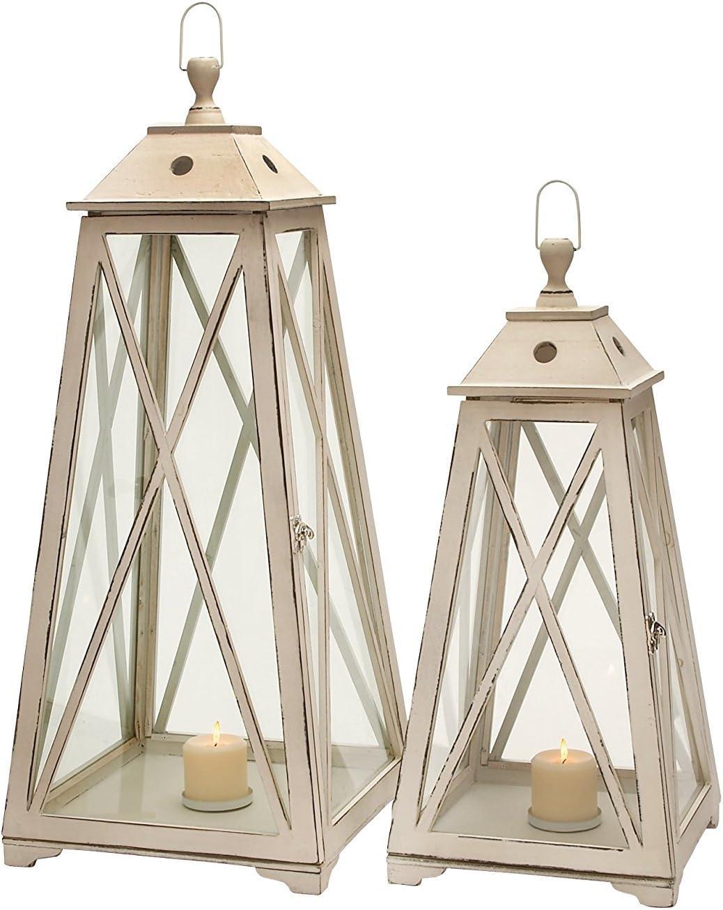 Olivia & May Set of 2 Triangular Wood and Glass Lanterns White: Iron Frame, Fits Any Candle Size