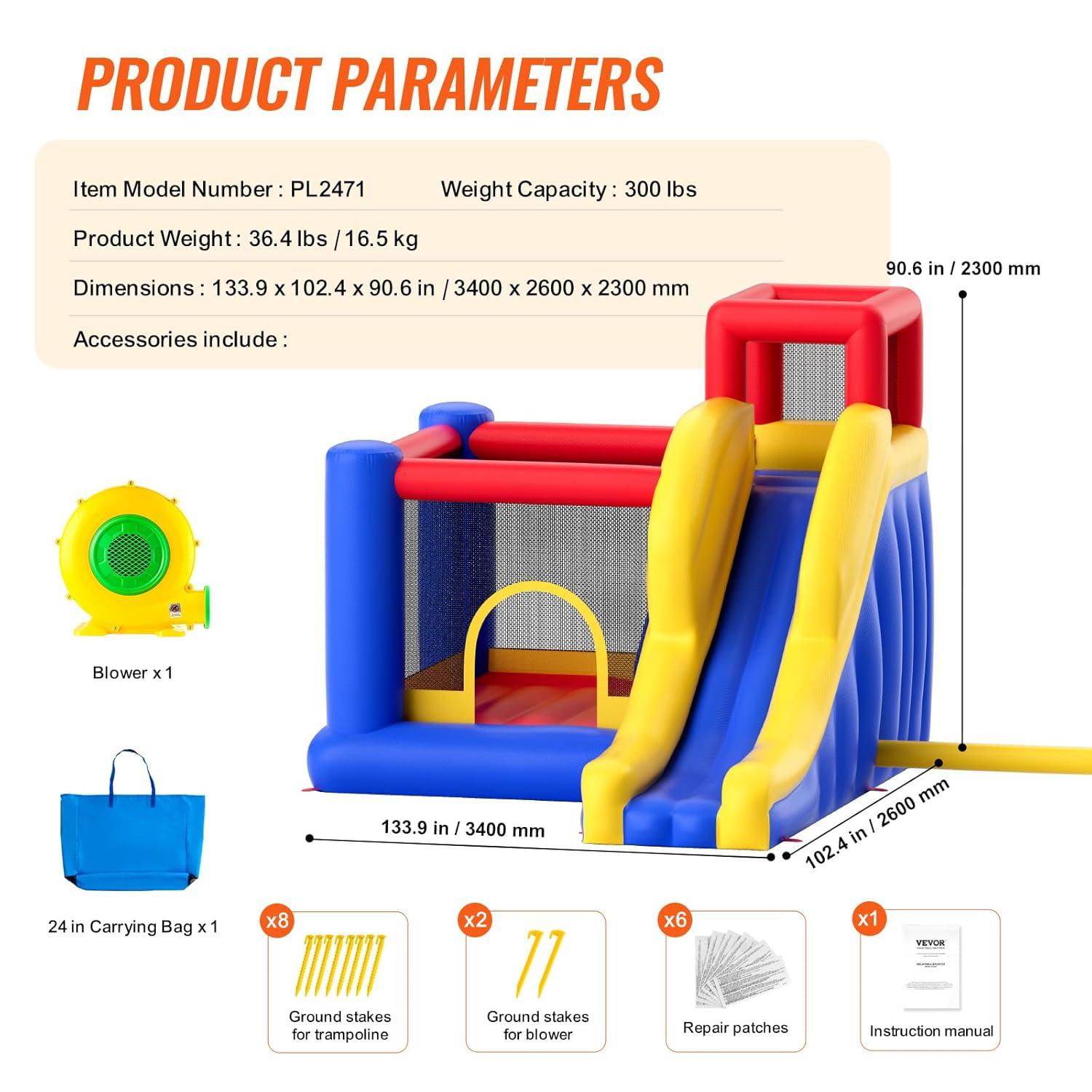 VEVOR Play House for Kids Ages 4-8, Kids Indoor Playground, Bounce House with Slide, Blower and Storage Bag, Family Backyard Birthday Party Gifts for Boys, 134x102x91 inch