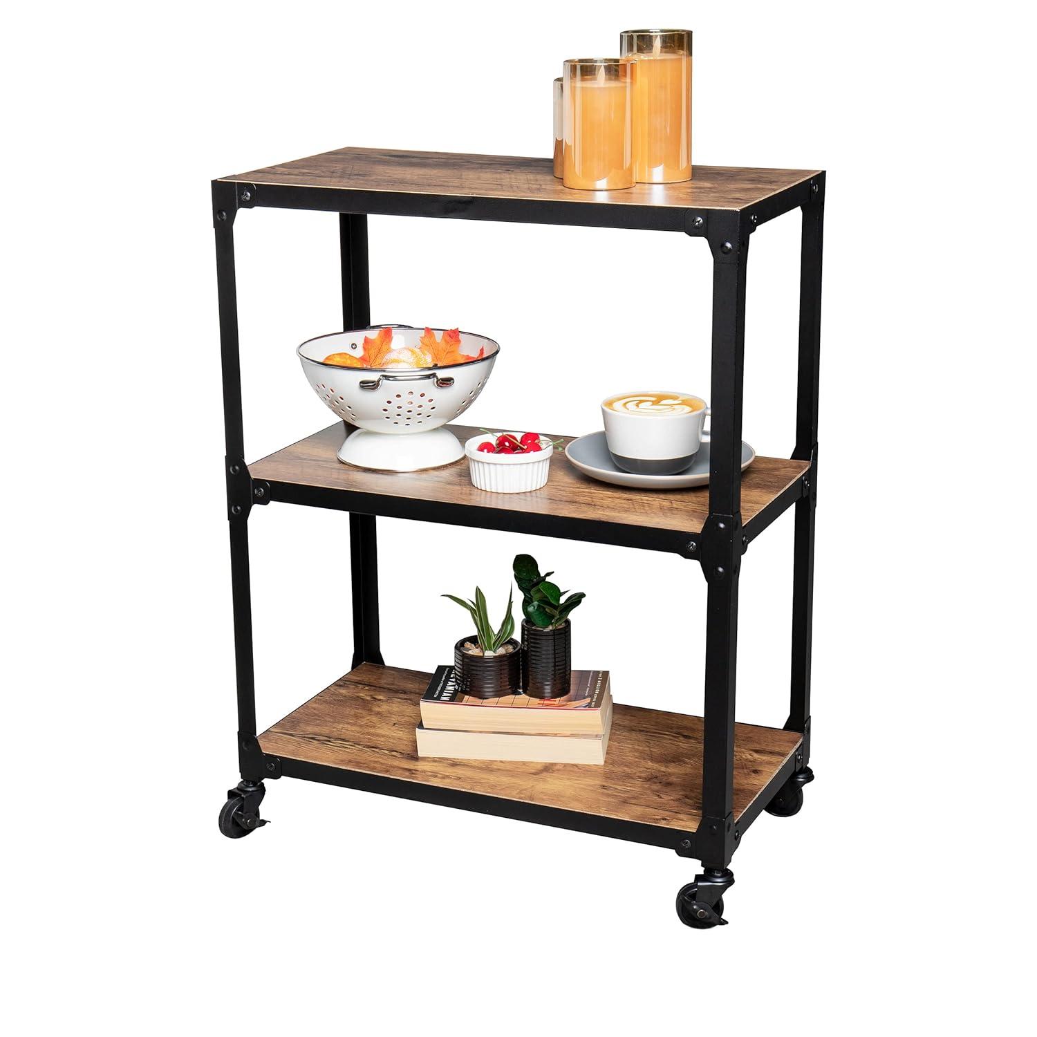 Mind Reader 3-Tier Rolling Bar Cart, Microwave Stand, Wood Metal, 29.5"H, Brown