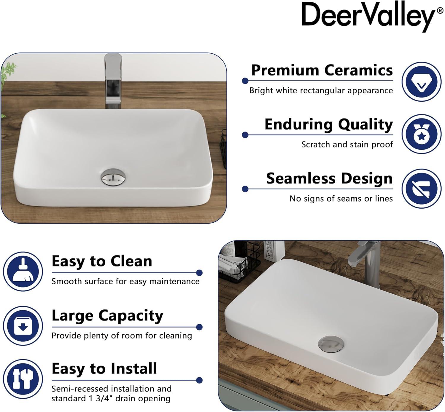 DeerValley Ally 19'' x 12'' Vessel Sink Semi-Recessed Rectangular Above Counter Basin Drop in Bathroom Sink