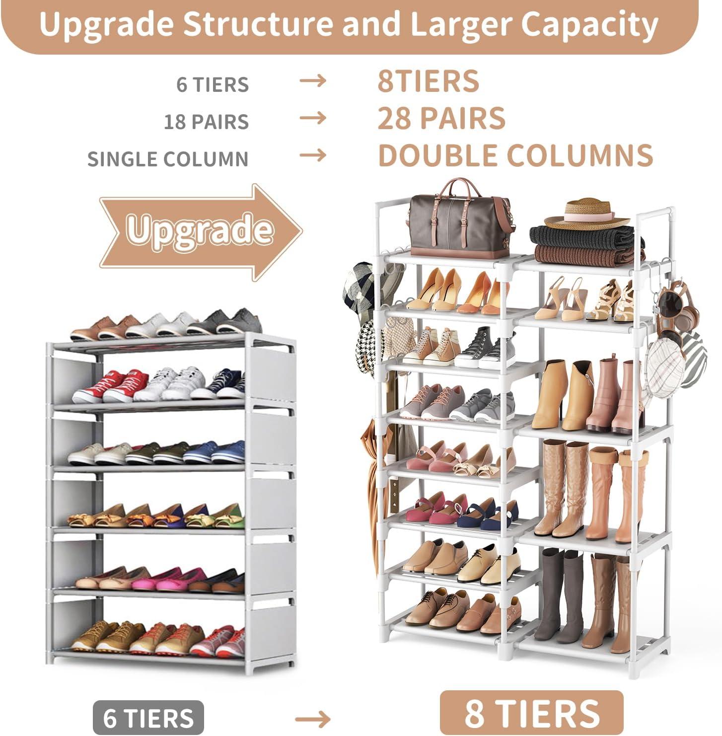 White Stackable 8-Tier Plastic Shoe Rack with Hooks