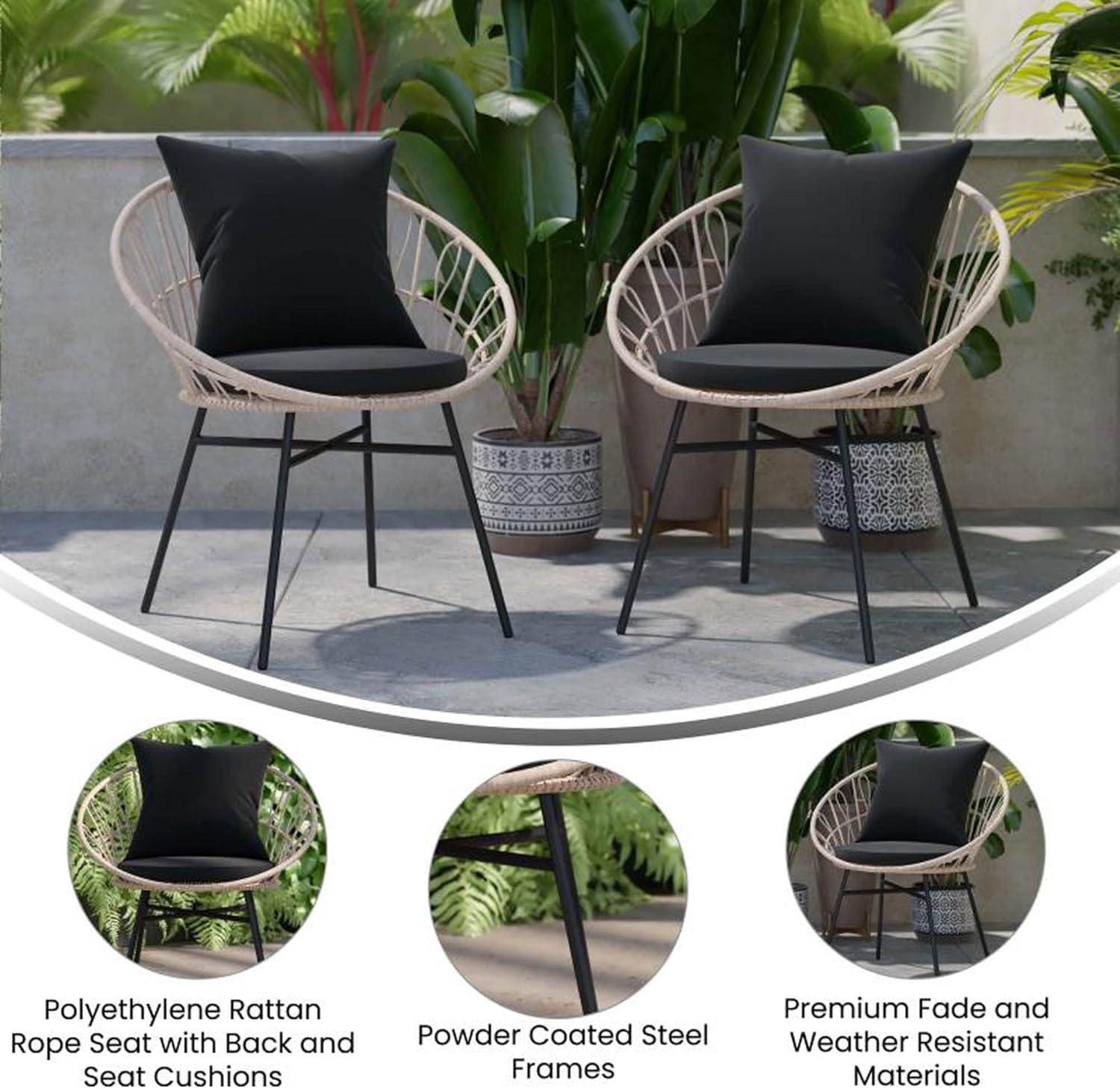 Flash Furniture Devon Set of 2 Indoor/Outdoor Modern Papasan Style Rattan Rope Patio Chairs, PE Rattan with Cushions