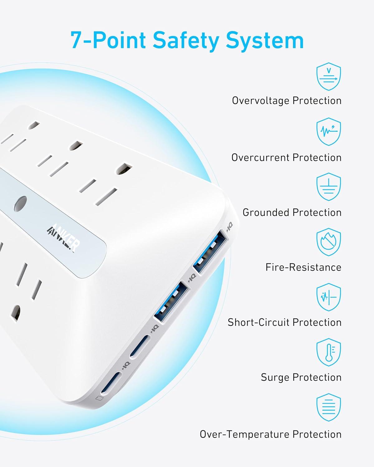 Anker Wall Charger, 300J Surge Protector, 10-in-1 Outlet Extender, 6 AC, 2 USB A, 2 USB C Ports, Wide-Spaced Outlets and 20W Fast Charging, Desk Charging Station, Home Office, Dorm, Room Essential