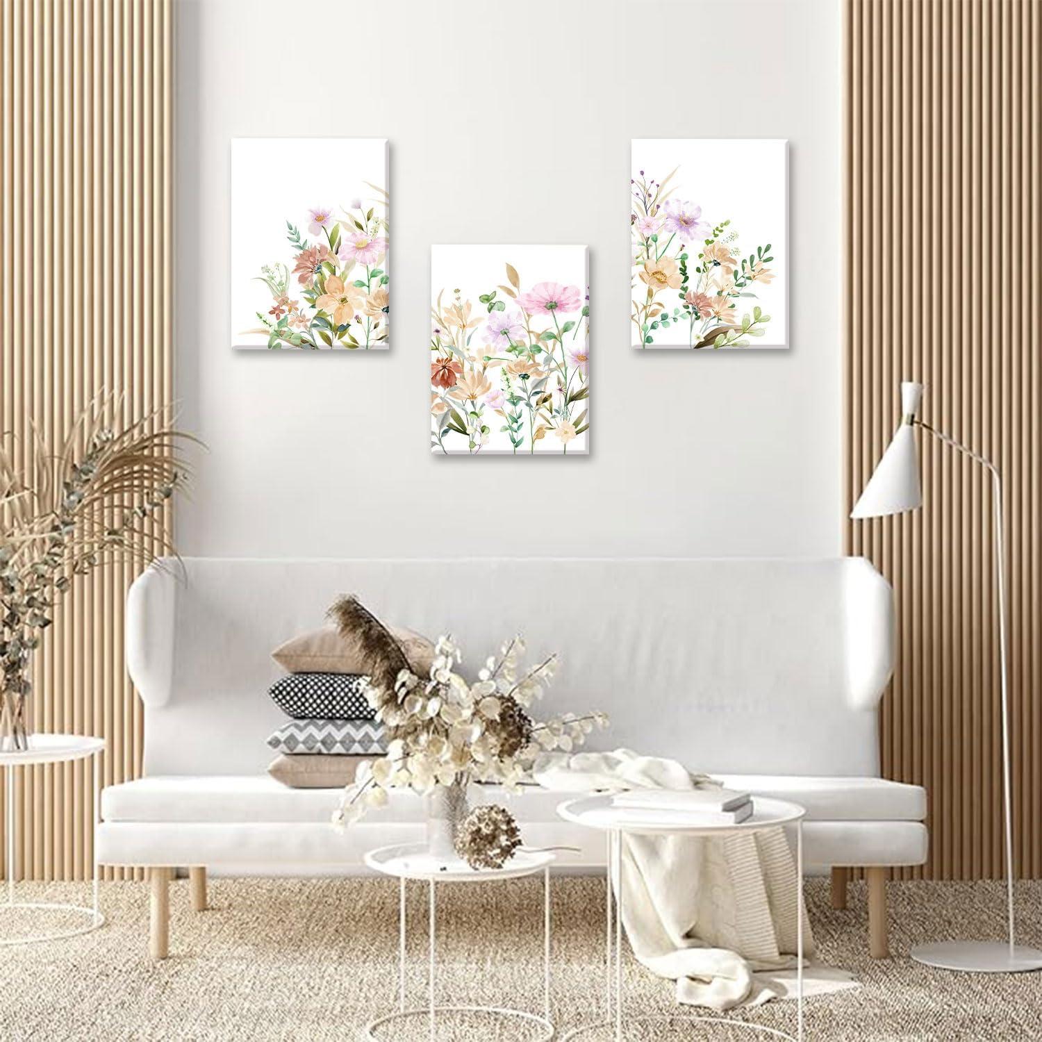 Framed Wildflower Wall Art Canvas Prints Plant Watercolor Floral Poster Set of 3 Colorful Botanical Rustic Painting Farmhouse Picture Wall Decor for Bedroom Living Room Bathroom12x16in